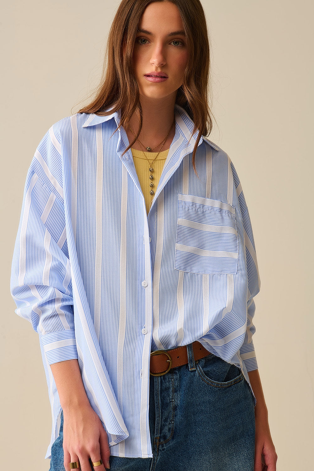 Blue and White Striped Casual Tie-Back Shirt for Women - Perfect for Summer Outings, Beach Vacations, and Casual Office Wear