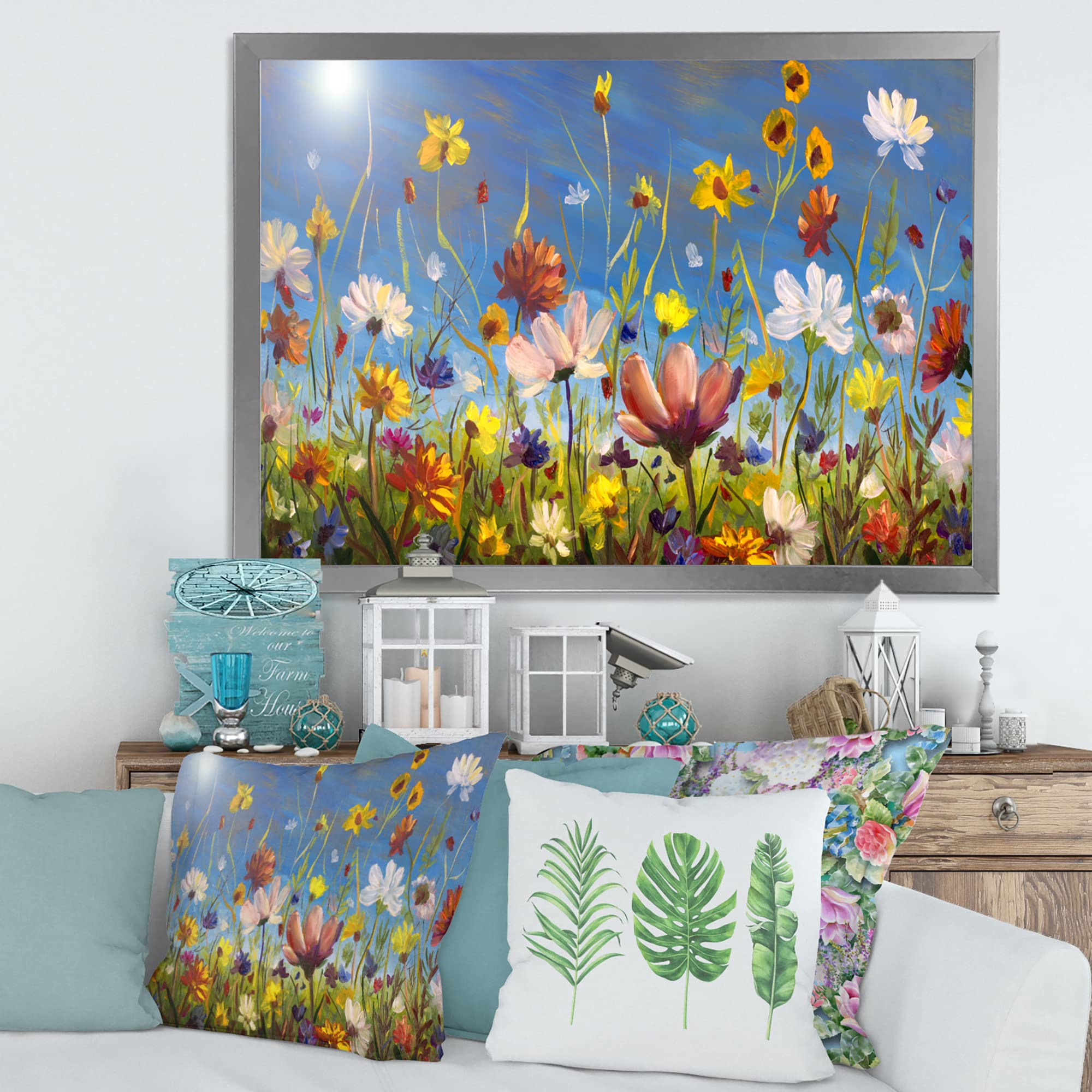 Summer Garden Field with Daisies and Wildflowers - Traditional Framed Wall Art for Living Room, Bedroom & Office Decor