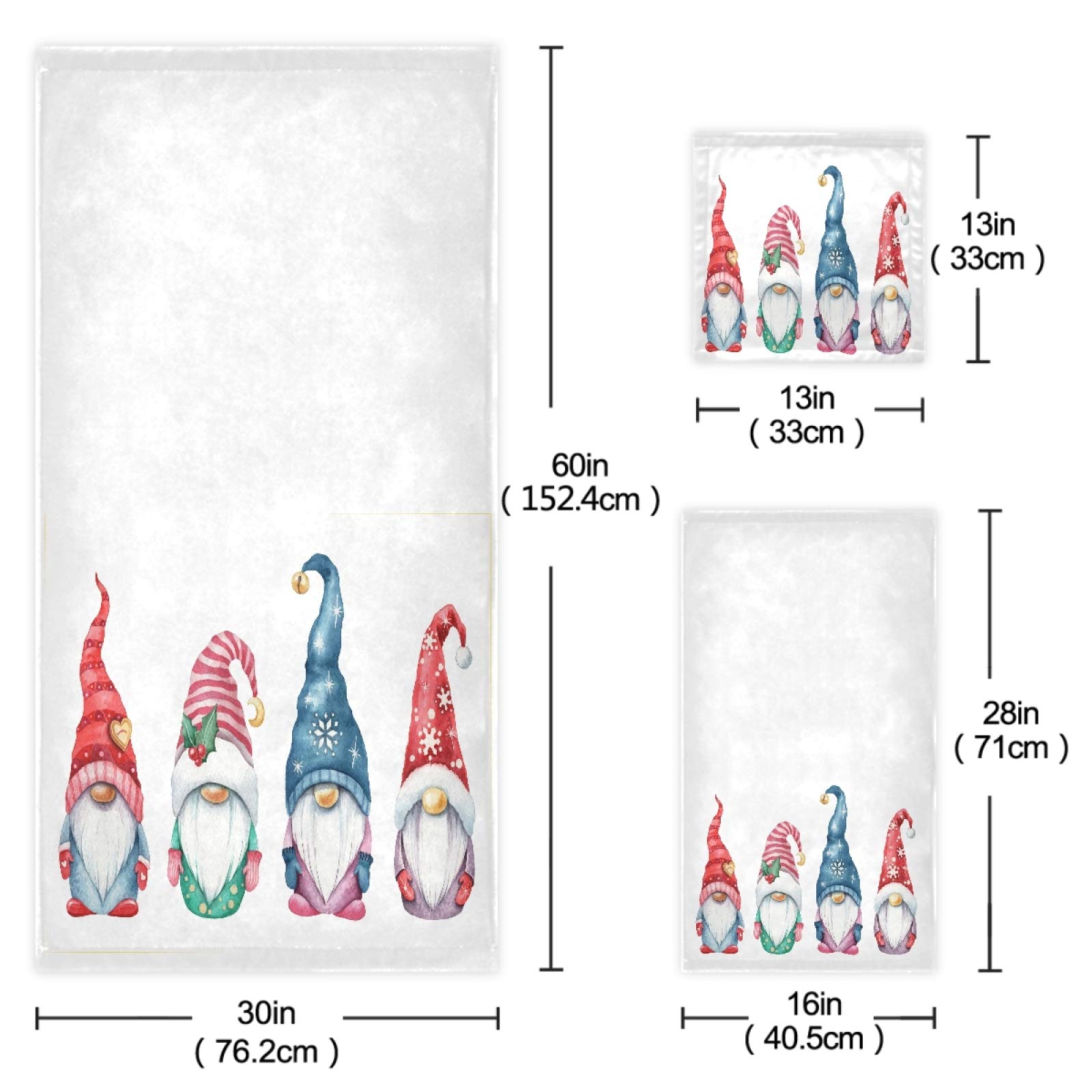 Cute Christmas Gnomes Soft Luxury Bath Towel Set - 3-Piece Decorative Towels (1 Bath, 1 Hand, 1 Washcloth) for Bathroom, Hotel, Gym, Spa & Kitchen - Perfect for Holiday Decor & Cozy Home Use