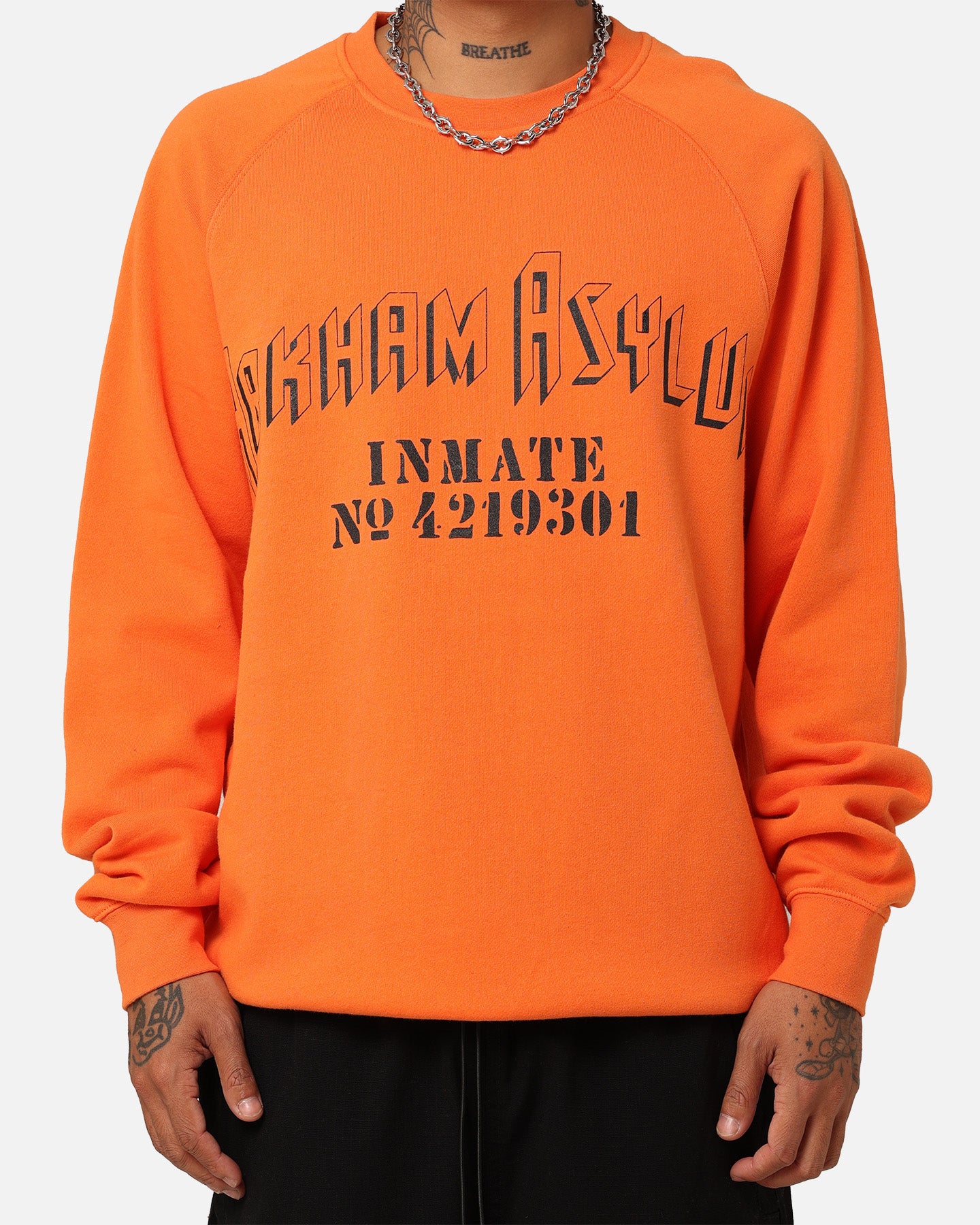 American Thrift X DC Batman Arkham Asylum Neon Orange Crewneck Sweatshirt - Perfect for Cosplay, Comic Con & Batman Fan Gifts