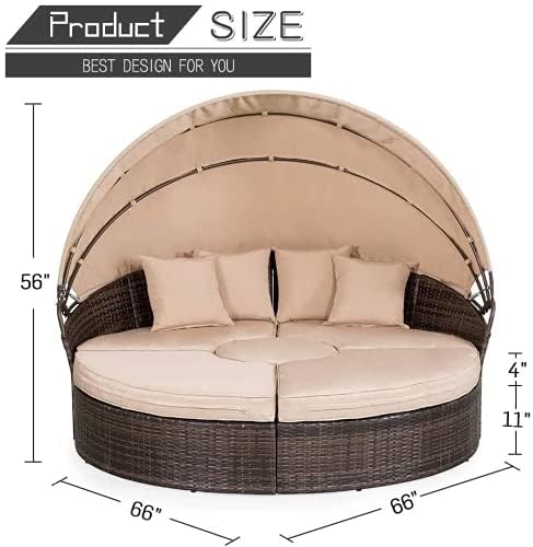 Outdoor Round Daybed Sofa Set with Retractable Canopy - 4-Piece Brown Wicker Patio Furniture with Cushioned Sectional & Round Center Table - Perfect for Poolside, Garden, Lawn, and Backyard Relaxation