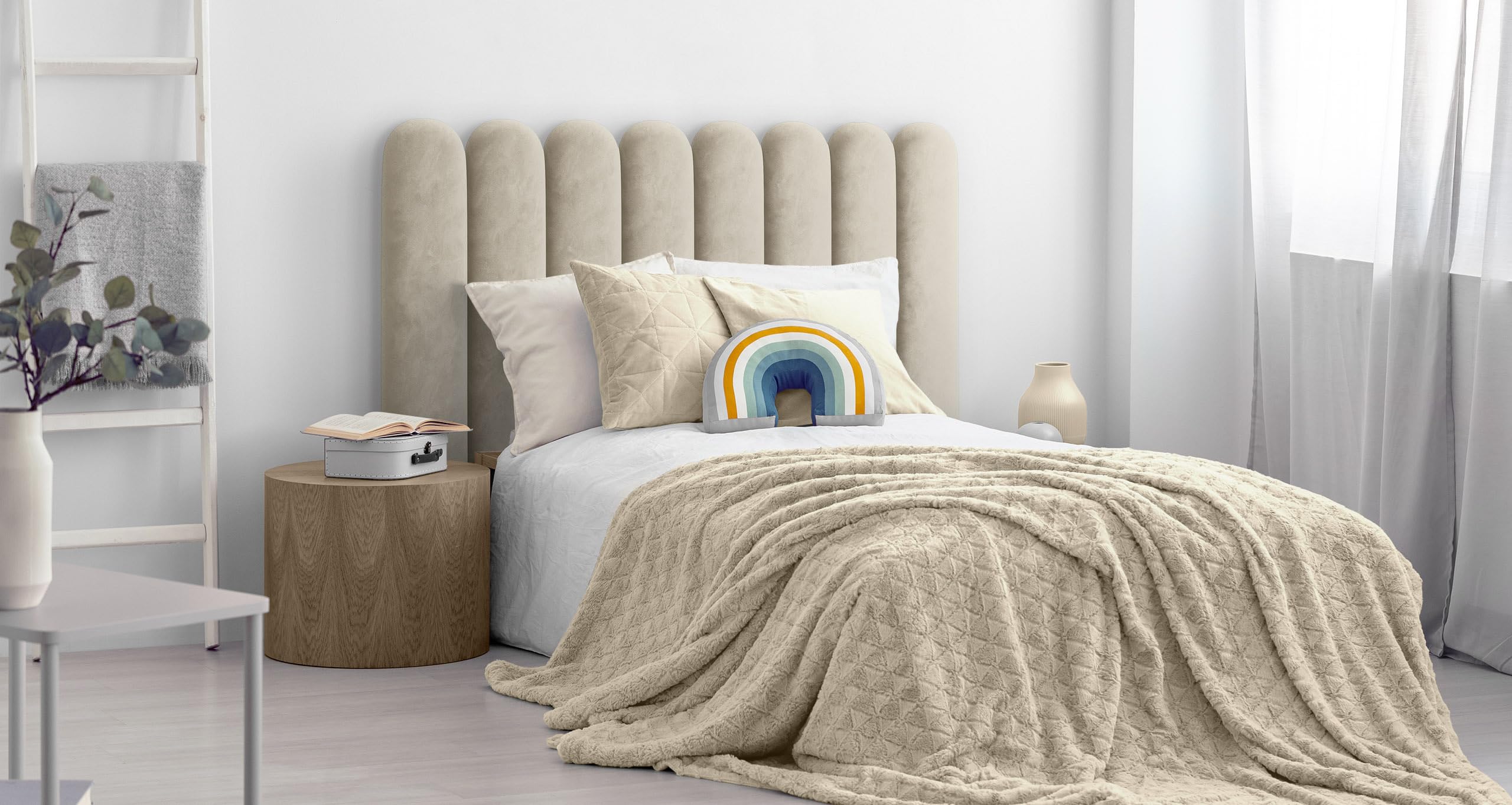Luxury Muralo Oval Upholstered Headboard - Modern Cream Fabric Panel (30x100cm) for Bedroom & Living Room - Perfect for Master Suite, Guest Room, and Apartment Decor