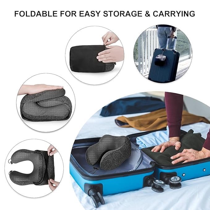 Memory Foam Travel Neck Pillow with Hood for Adults - Comfortable Airplane, Car & Train Neck Support - Perfect for Long Flights, Road Trips & Commuting