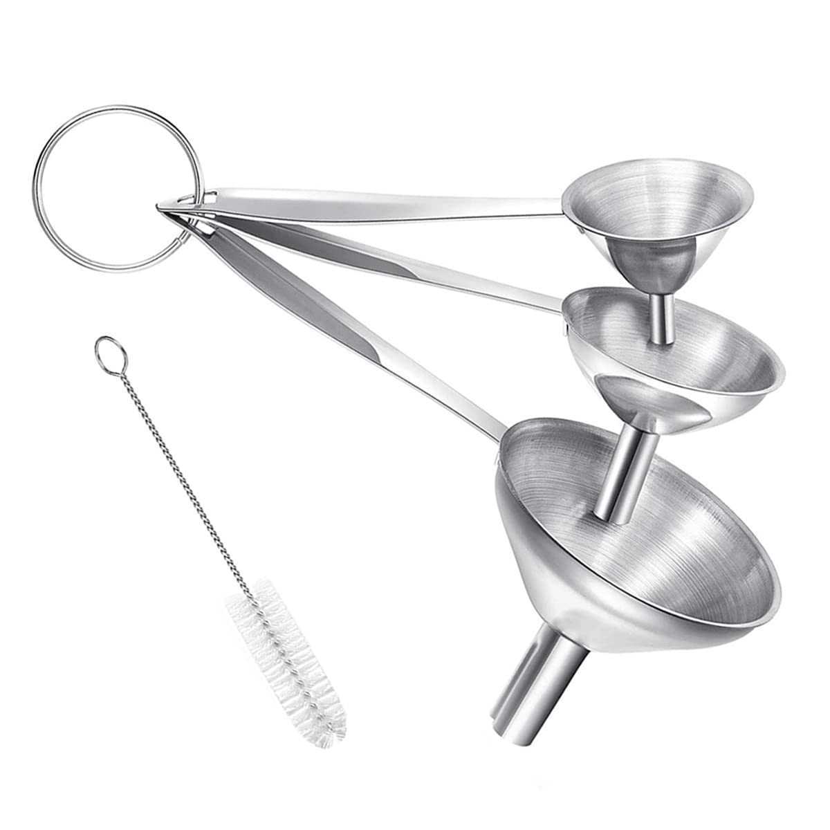 3-Piece Stainless Steel Kitchen Funnel Set - Long Handle Food Grade Metal Funnels for Bottles, Oil & Liquids Transfer - Easy to Clean with Brush - Perfect for Home Kitchen, DIY Projects & Essential Oil Bottling