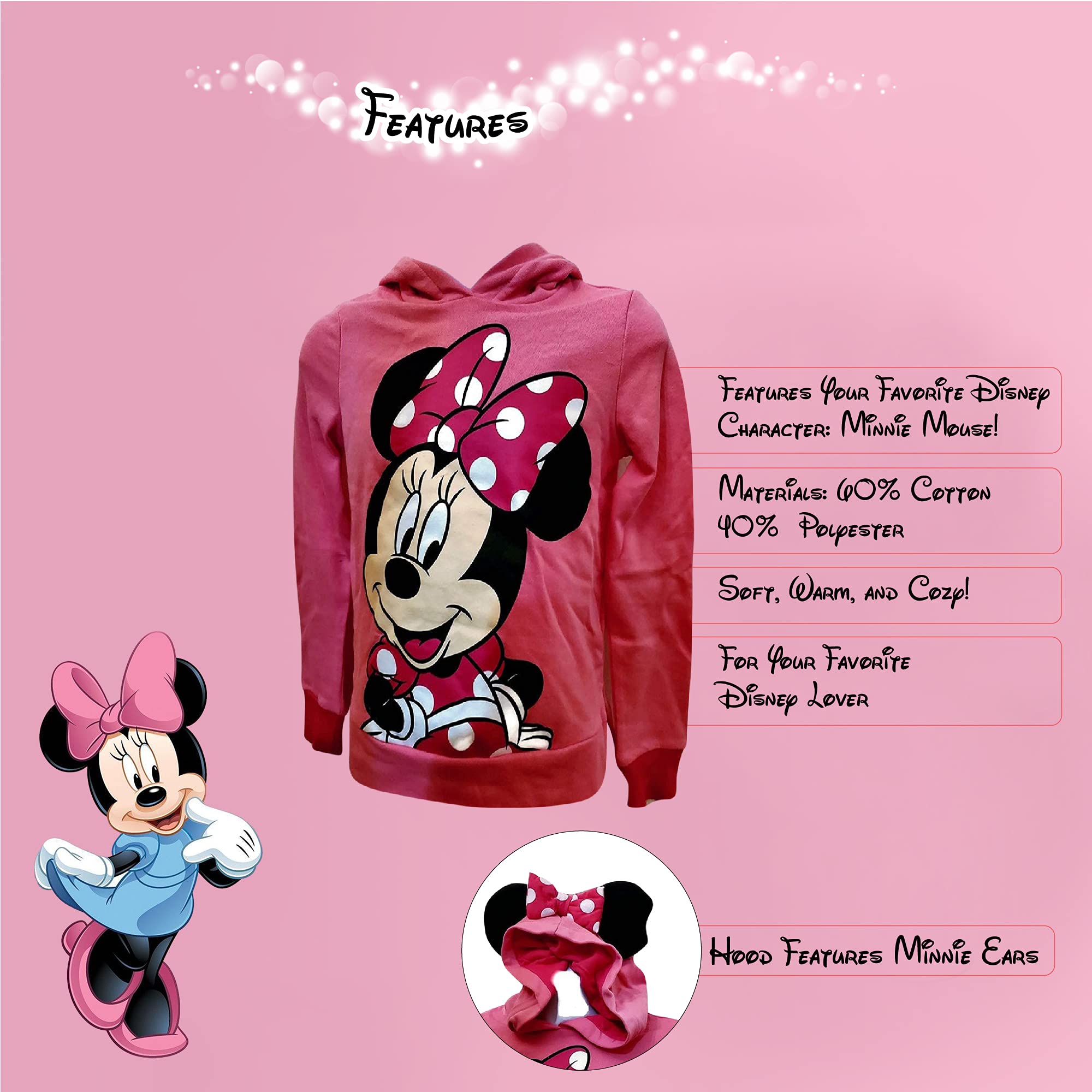 Disney Sweet Minnie Mouse Girls' Ear Hoodie - Pink Fleece Pullover for Kids | Cute Winter Outfit & Playdate Fashion