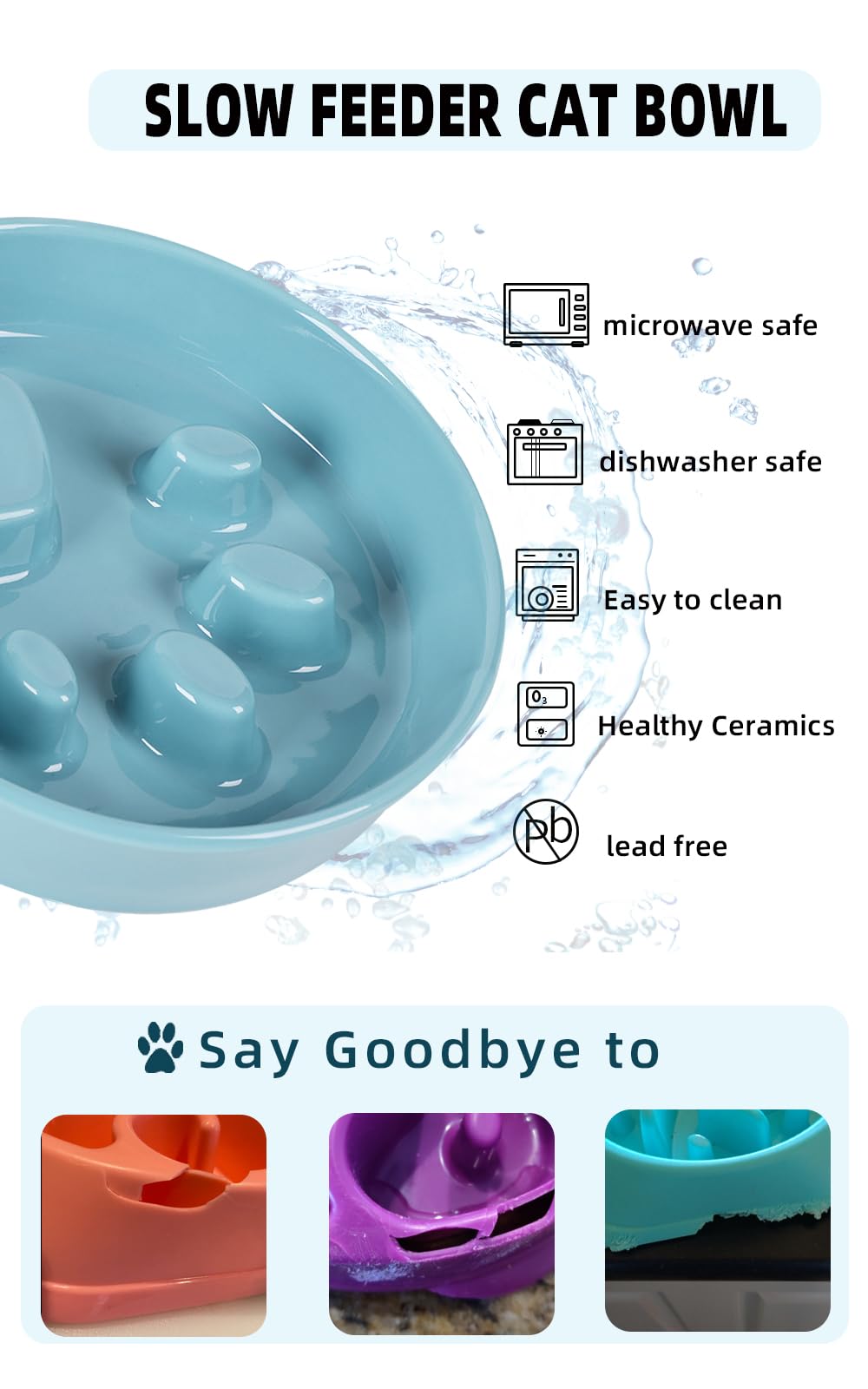 Ceramic Slow Feeder Cat Bowl - Turquoise Fun Slow Eater Dish for Cats - Perfect for Portion Control & Preventing Bloat During Mealtime