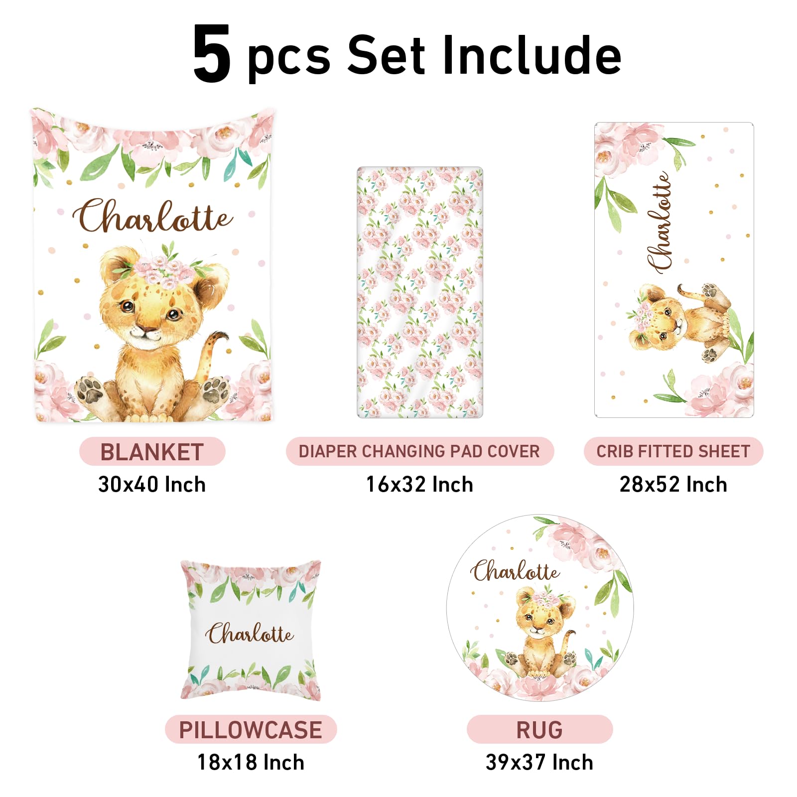 Personalized Baby Crib Bedding Set with Custom Name - 5 Piece Pink Lion Nursery Set for Toddlers & Kids | Soft Comforter, Fitted Sheet, Bumper Pads | Perfect Baby Shower Gift for Boys & Girls | Ideal for Nursery Decor, Newborn Sleep Safety, and Special Occasion Gifts
