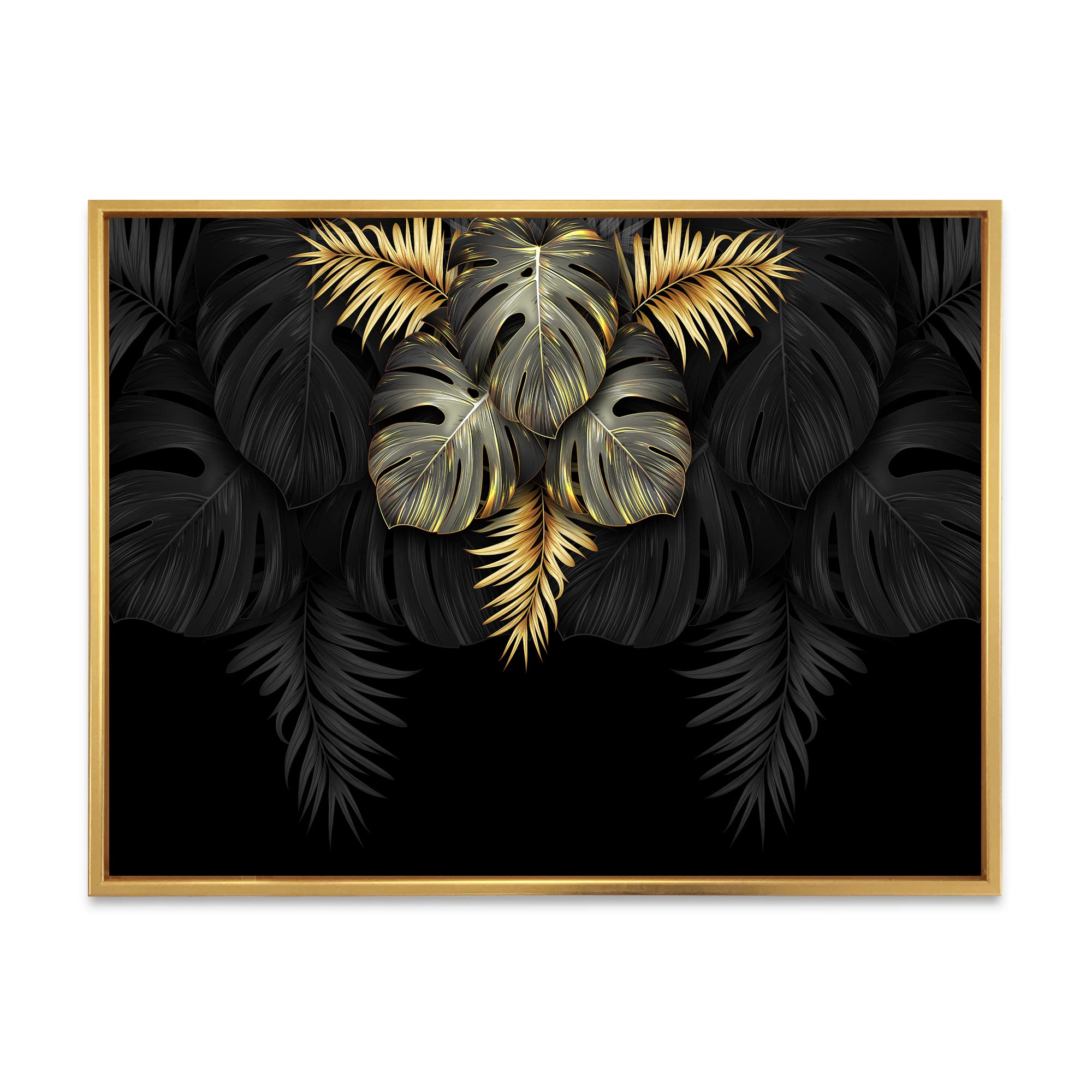 Black and Gold Tropical Leaves IV - Modern Framed Canvas Wall Art Print for Living Room, Bedroom & Office Decor | Home & Office Wall Decorations