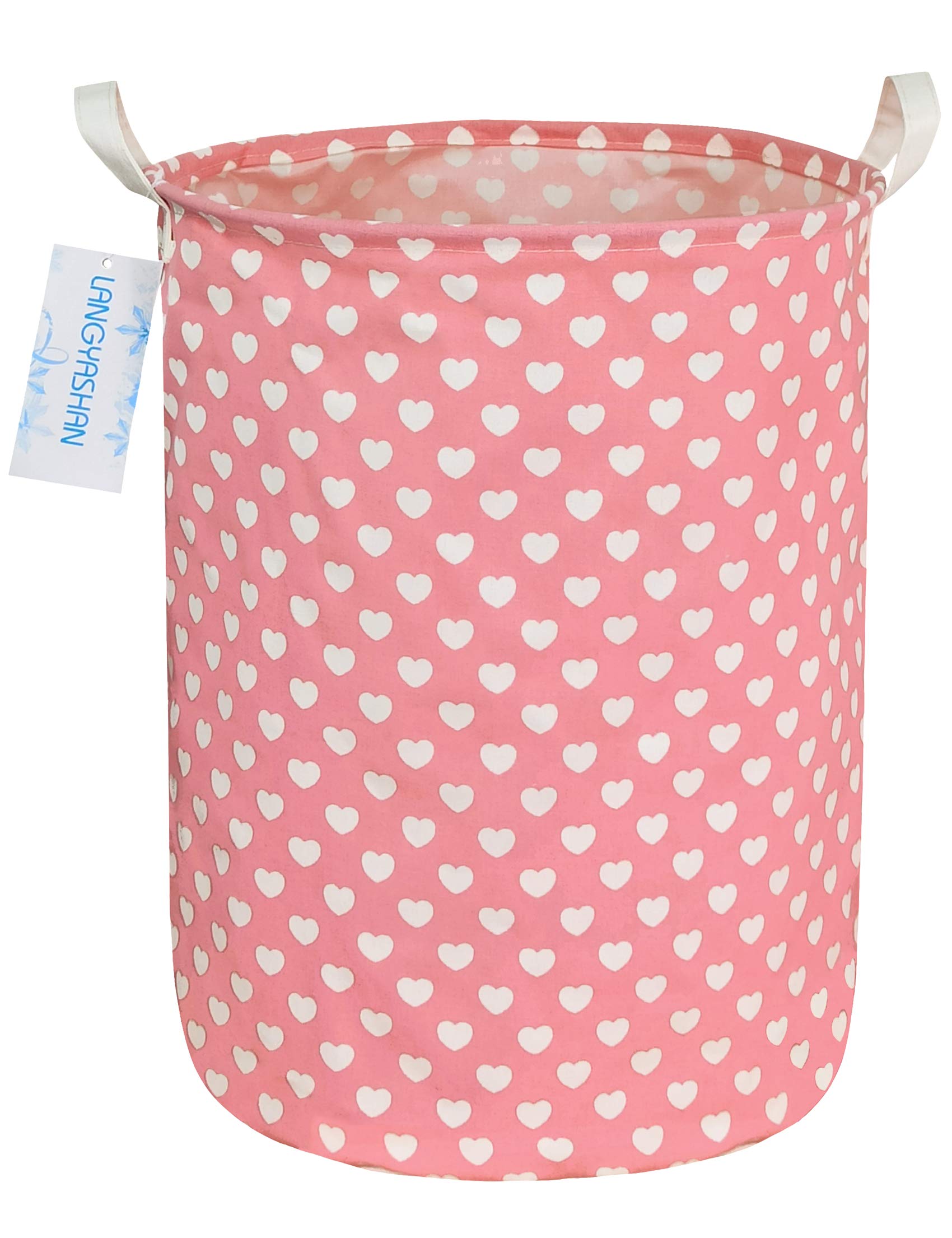 Collapsible Canvas Laundry Basket with Handles - Foldable Storage Bin for Clothes, Toys, and Organizing - Perfect for Nursery, Bedroom, and Kids Room - Pink Heart Design (Great for Laundry, Storage & Gift Giving)