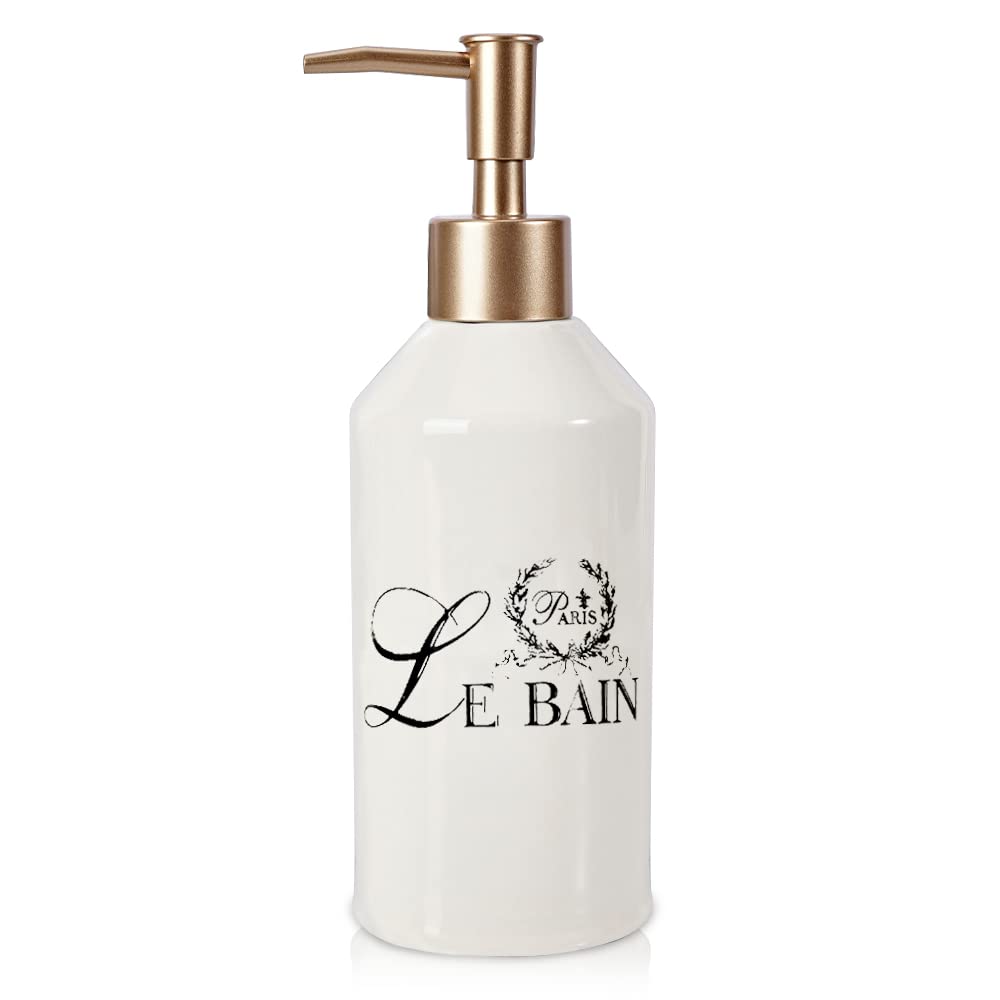 Vintage Ceramic Soap Dispenser with Black Lettering & Gold Pump - Elegant Farmhouse Style for Kitchen, Bathroom, or Vanity - Perfect for Hand Soap, Lotion, or Dish Soap Dispensing - LE BAIN Home Décor