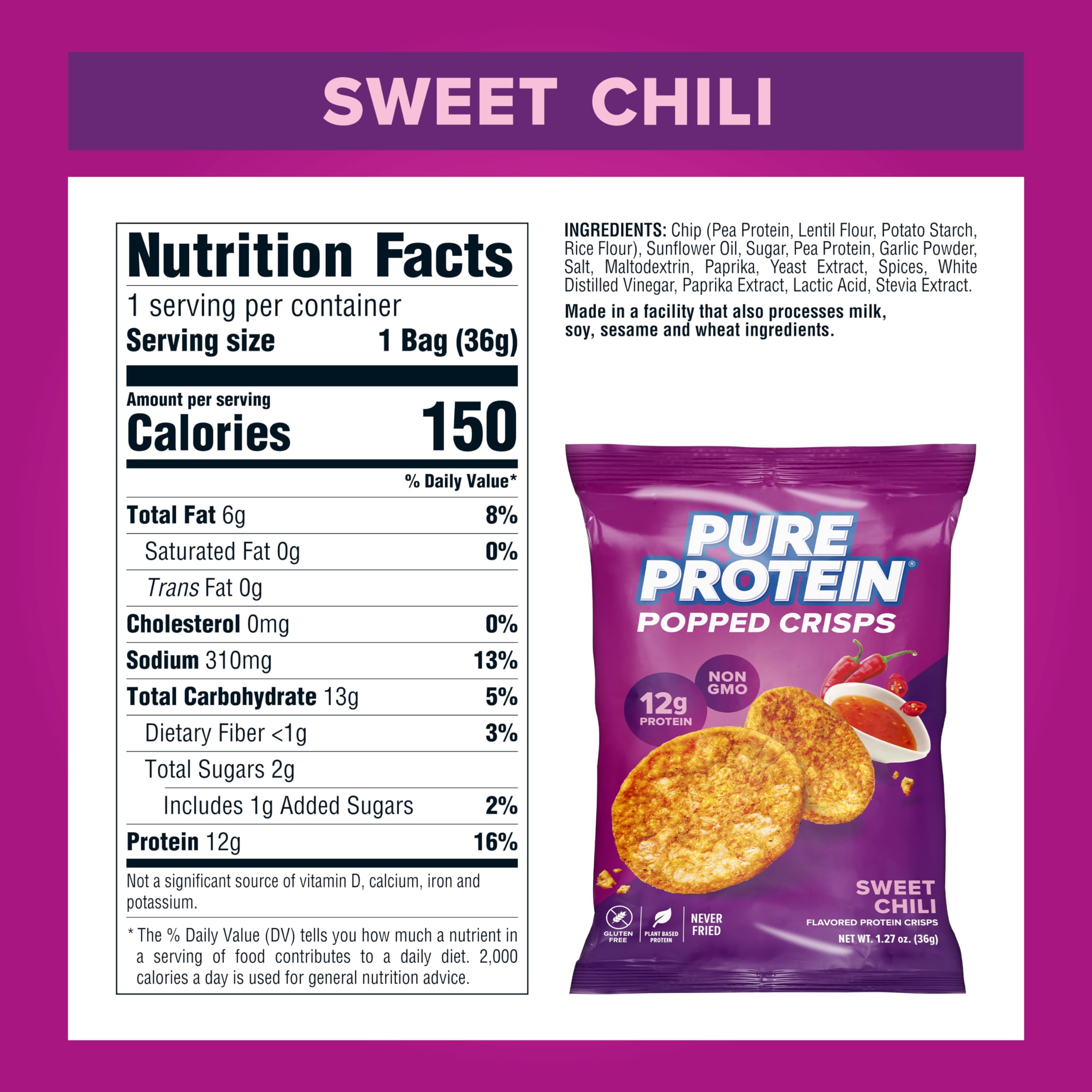 Pure Protein Popped Crisps - Sweet Chili Flavor, High Protein Snack with 12g Protein per Serving, 1.27oz Bags (Pack of 12) | Perfect for On-the-Go Snacking, Post-Workout Recovery & Healthy Lifestyle