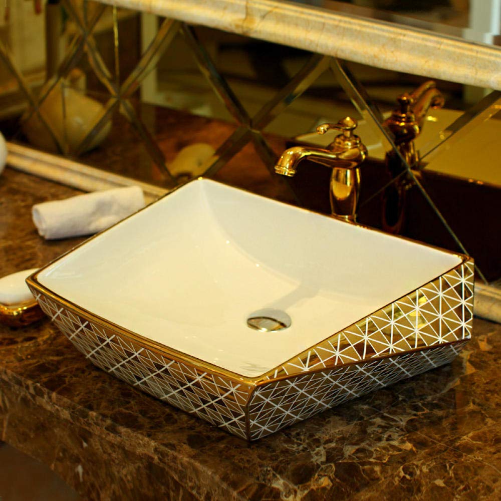 ROLTIN Gold/Silver Inlaid Glass Ceramic Countertop Bathroom Sink - Modern Vanity Basin for Powder Room, Guest Bath & Master Bathroom Decor