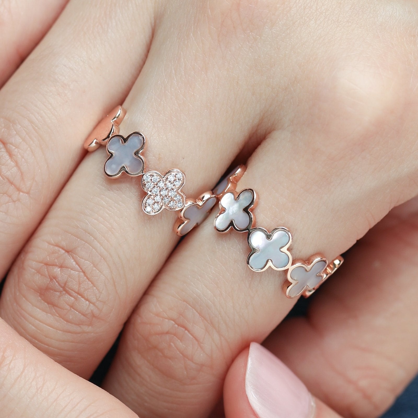 14k Rose Gold Mother of Pearl Clover Eternity Ring - Elegant Four Leaf Clover Jewelry for Women - Perfect for Anniversaries, Weddings & Special Occasions