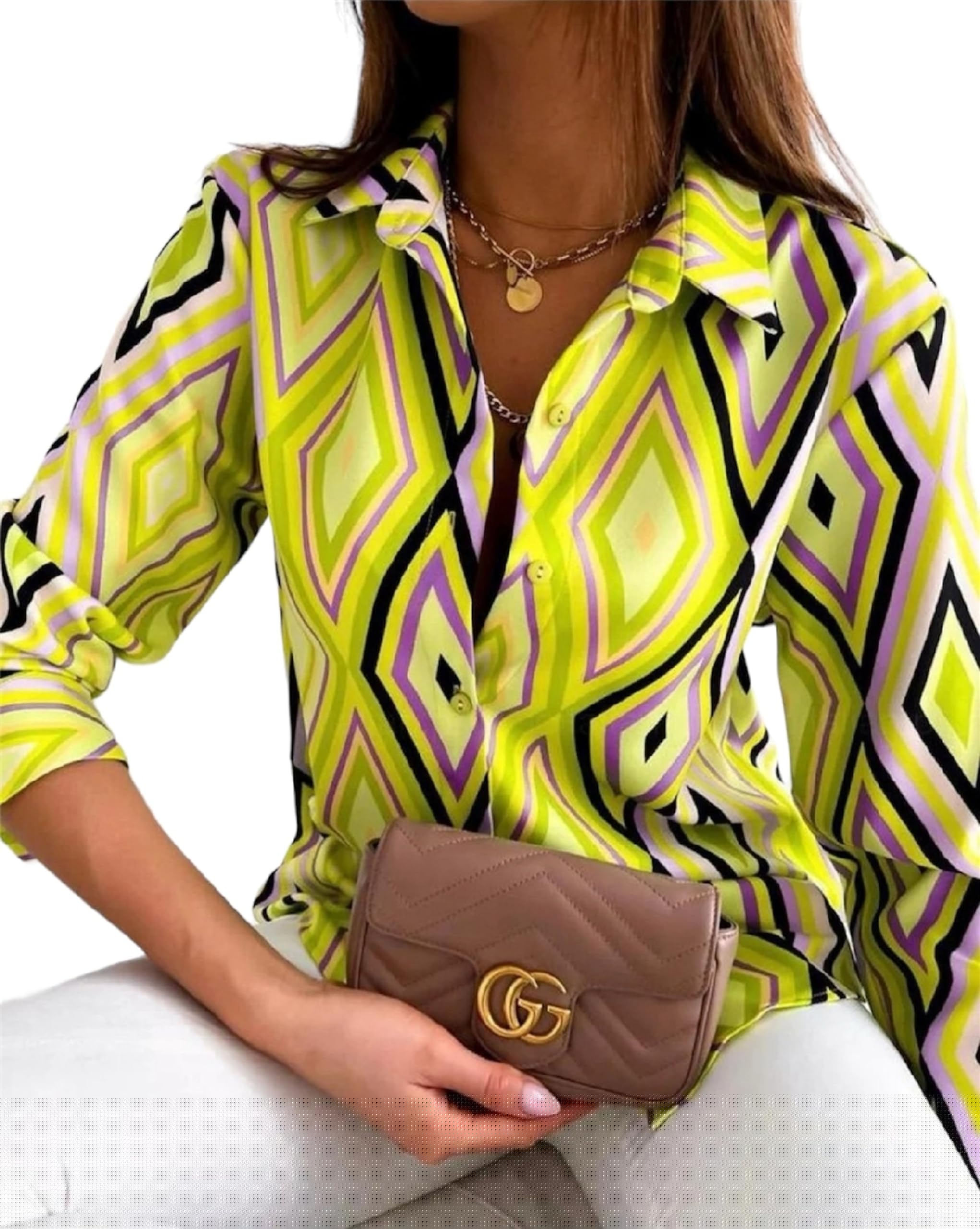 Women's Long Sleeve Button Down Blouse - Geometric Print Minimalist Top for Casual Wear | Office, Date Night & Everyday Outfits