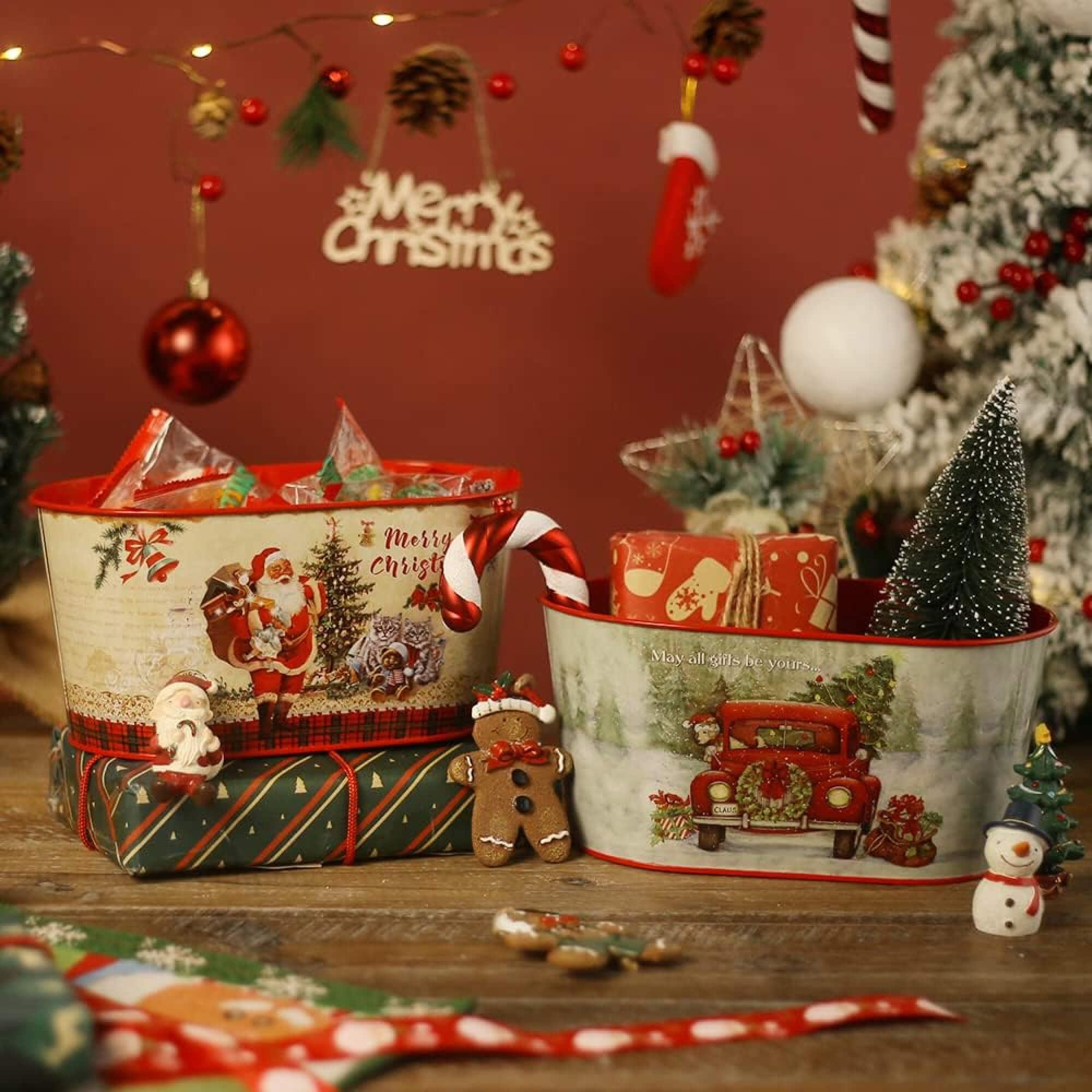 Christmas Metal Buckets - 5 Pack Galvanized Tin Pails for Holiday Decor & Table Centerpieces (7.9