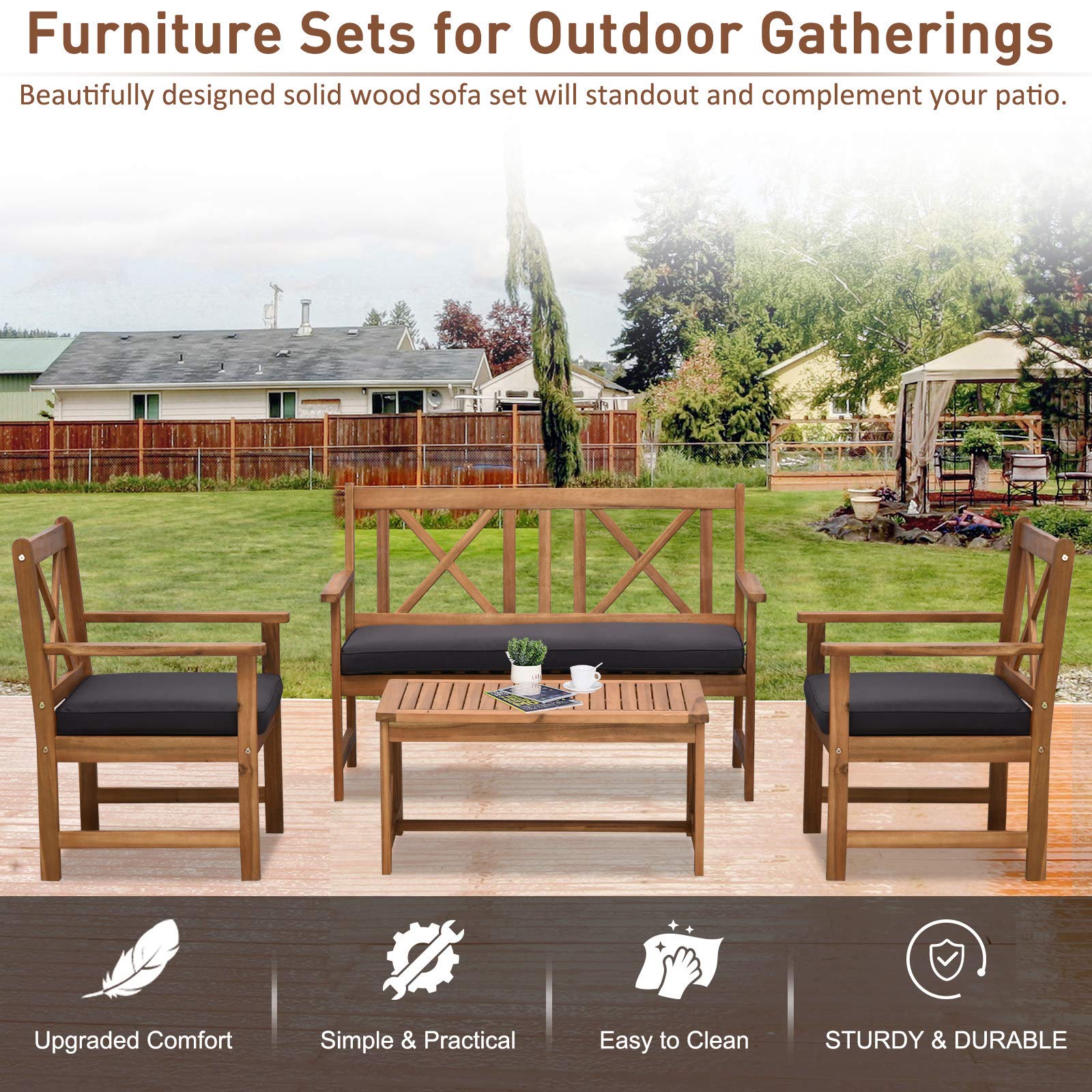 Outsunny 4-Piece Acacia Wood Patio Furniture Set with 2 Armchairs, 1 Sofa & Coffee Table - Includes Cushions - Perfect for Outdoor Garden, Backyard, Poolside & Balcony Relaxation