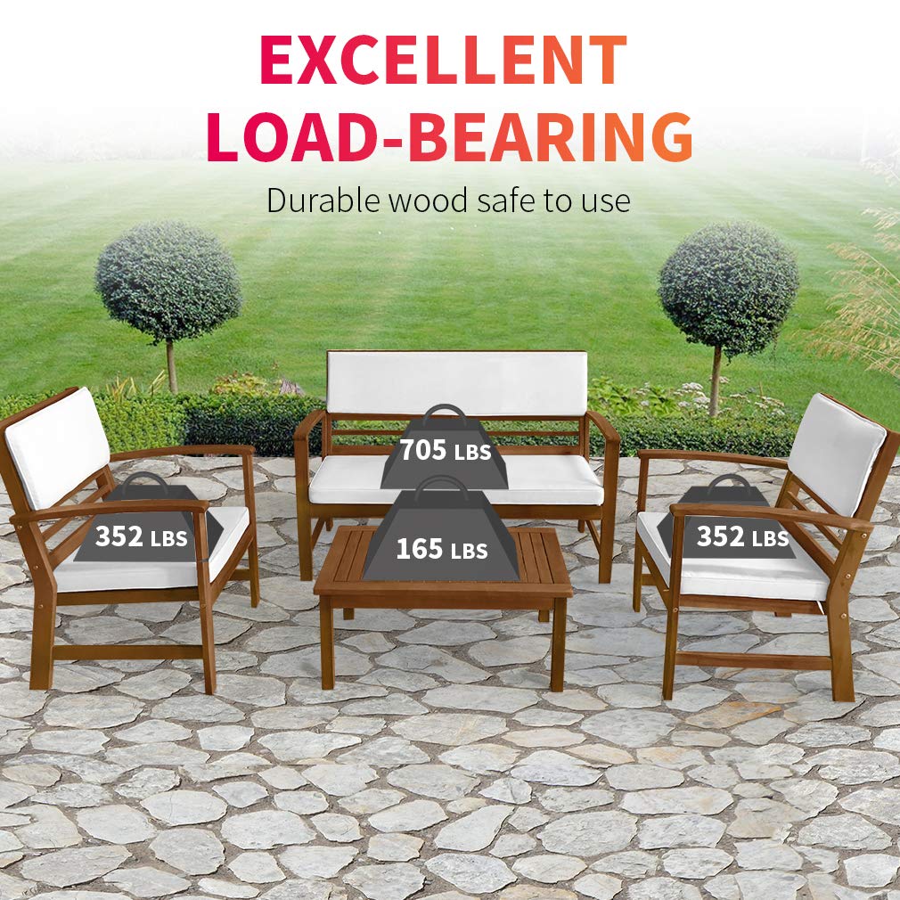 4-Piece Acacia Wood Outdoor Patio Conversation Set with Water Resistant Cushions & Coffee Table - Perfect for Poolside, Beach, Backyard, Balcony & Garden Relaxation