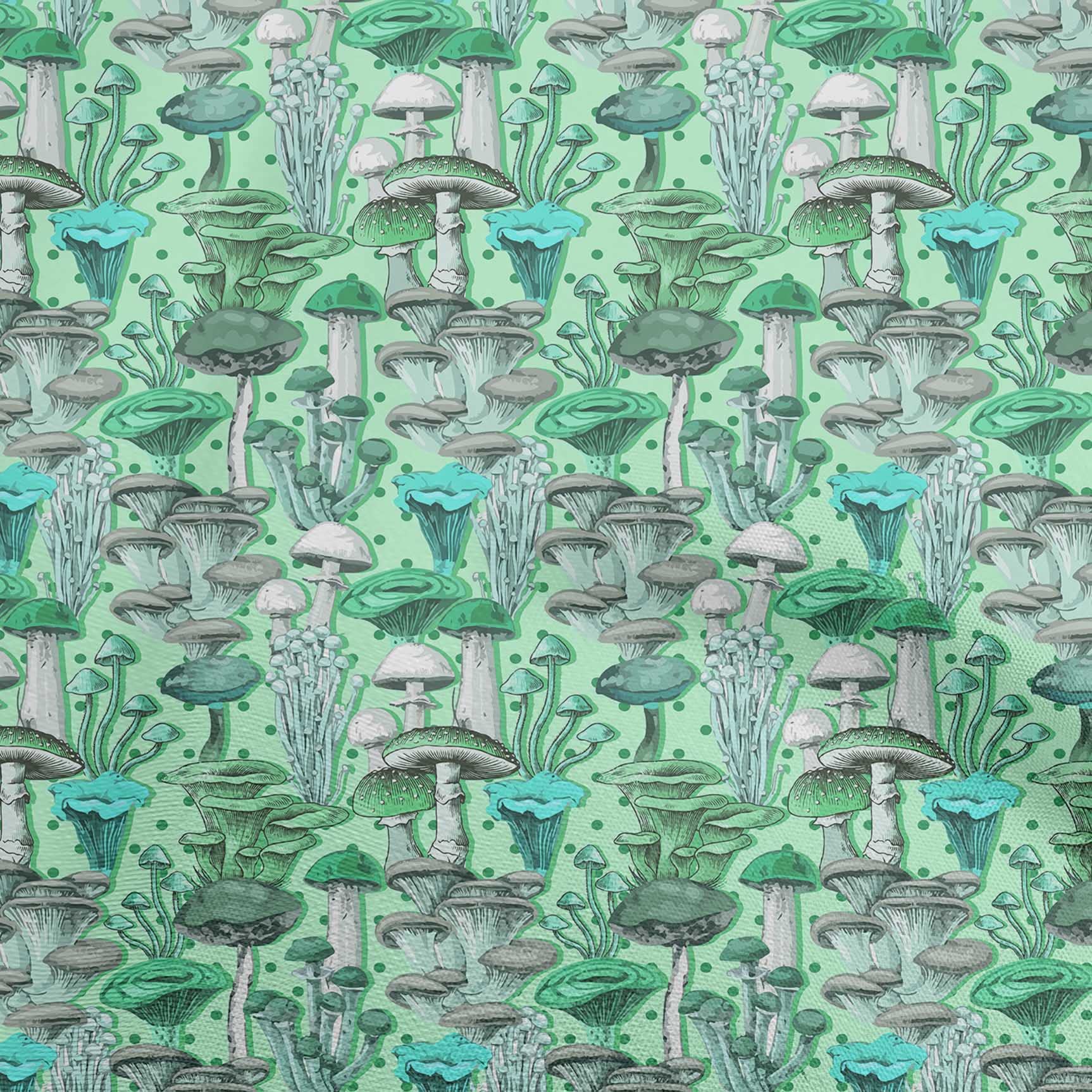 Premium 100% Cotton Cambric Fabric - Mint Green Mushroom Print, 56