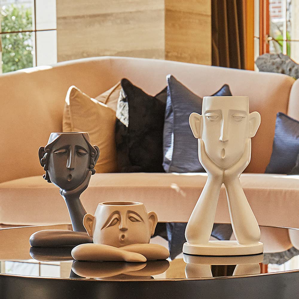 3-Piece Ceramic Face Vase Set - Unique Bust Head Shaped Flower Pots, Goblin Statue Planters for Succulents & Small Plants - Modern Home & Office Decor for Living Room, Bedroom, or Gift Giving