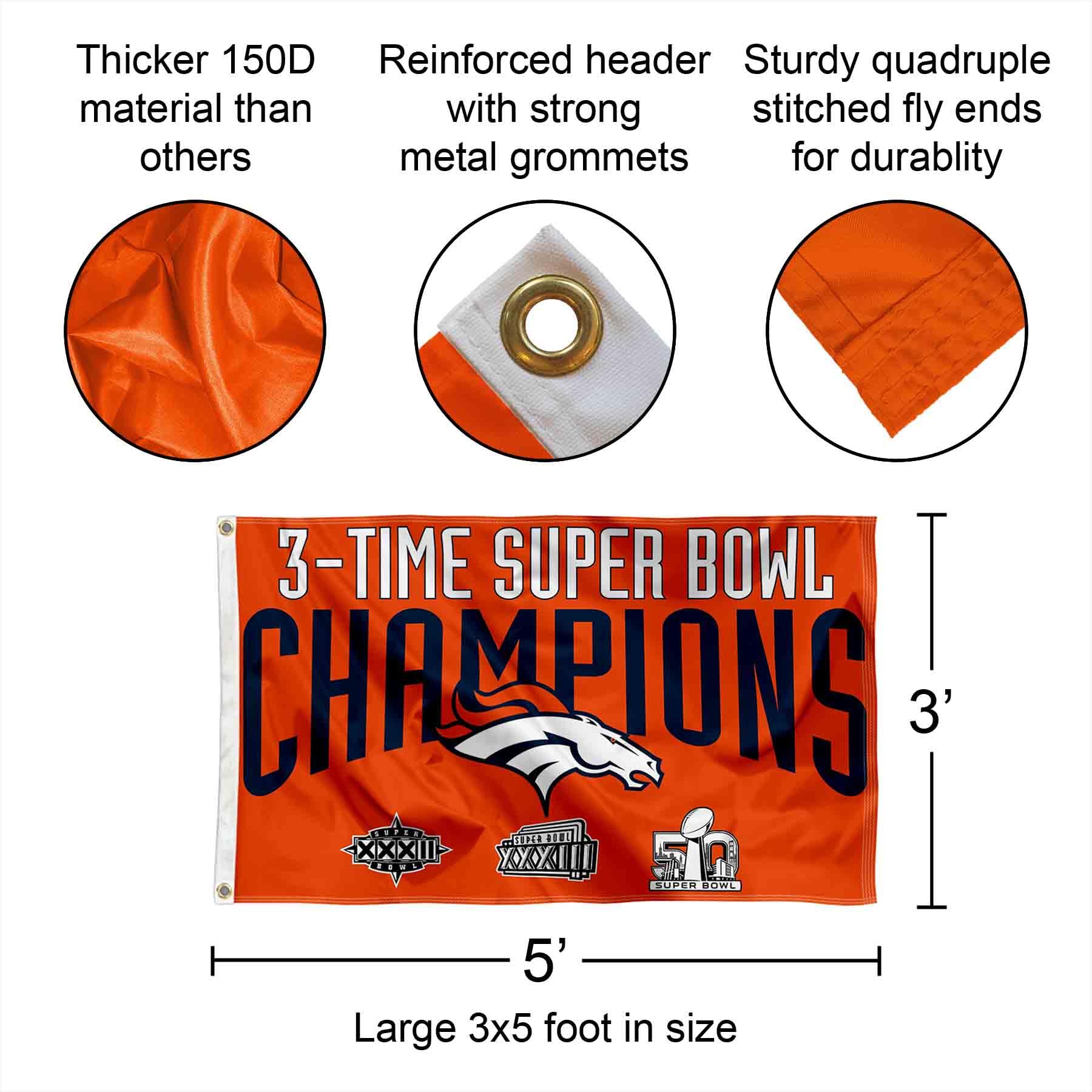 WinCraft Denver Broncos 3-Time Super Bowl Champions Flag - Premium NFL Team Banner for Game Day Decor, Tailgating & Fan Cave
