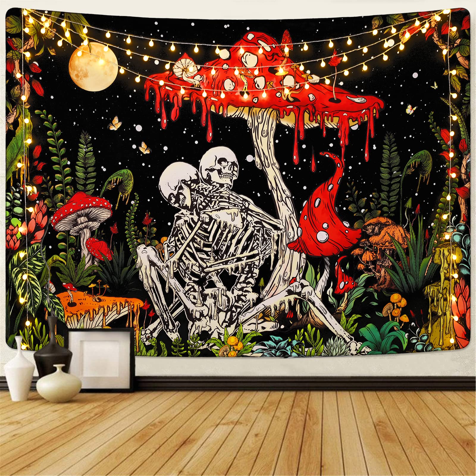 Uspring Skull Mushroom Tapestry - Gothic Galaxy Wall Hanging with Skeleton & Moon Design for Hippie Bedroom Decor (70.9