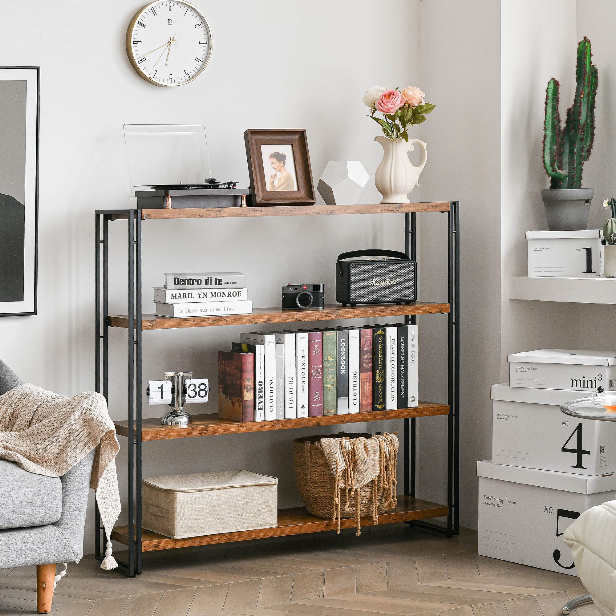 4-Tier Industrial Bookcase - Rustic Wood & Metal Open Display Shelf for Home Office, Bedroom, Kitchen & Bathroom Storage - 47 Inch Standing Shelf Unit for Books, Decor & Organizer