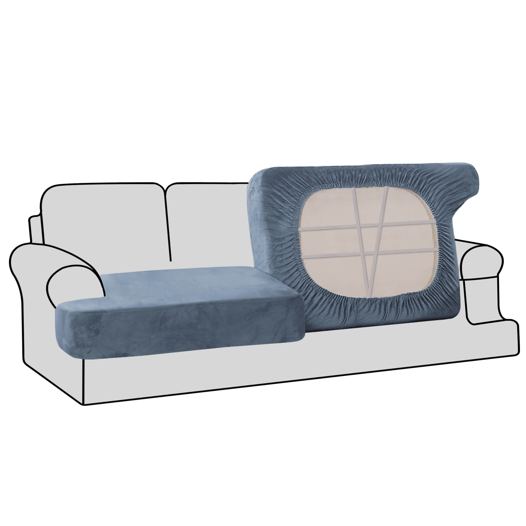 H.VERSAILTEX Stretch Velvet 2-Piece T-Cushion Sofa Slipcovers - Soft & Durable Sofa Seat Covers for 2-Cushion Couches, Non-Slip Design in Stone Blue - Perfect for Living Room, Family Room & Home Decor Upgrade