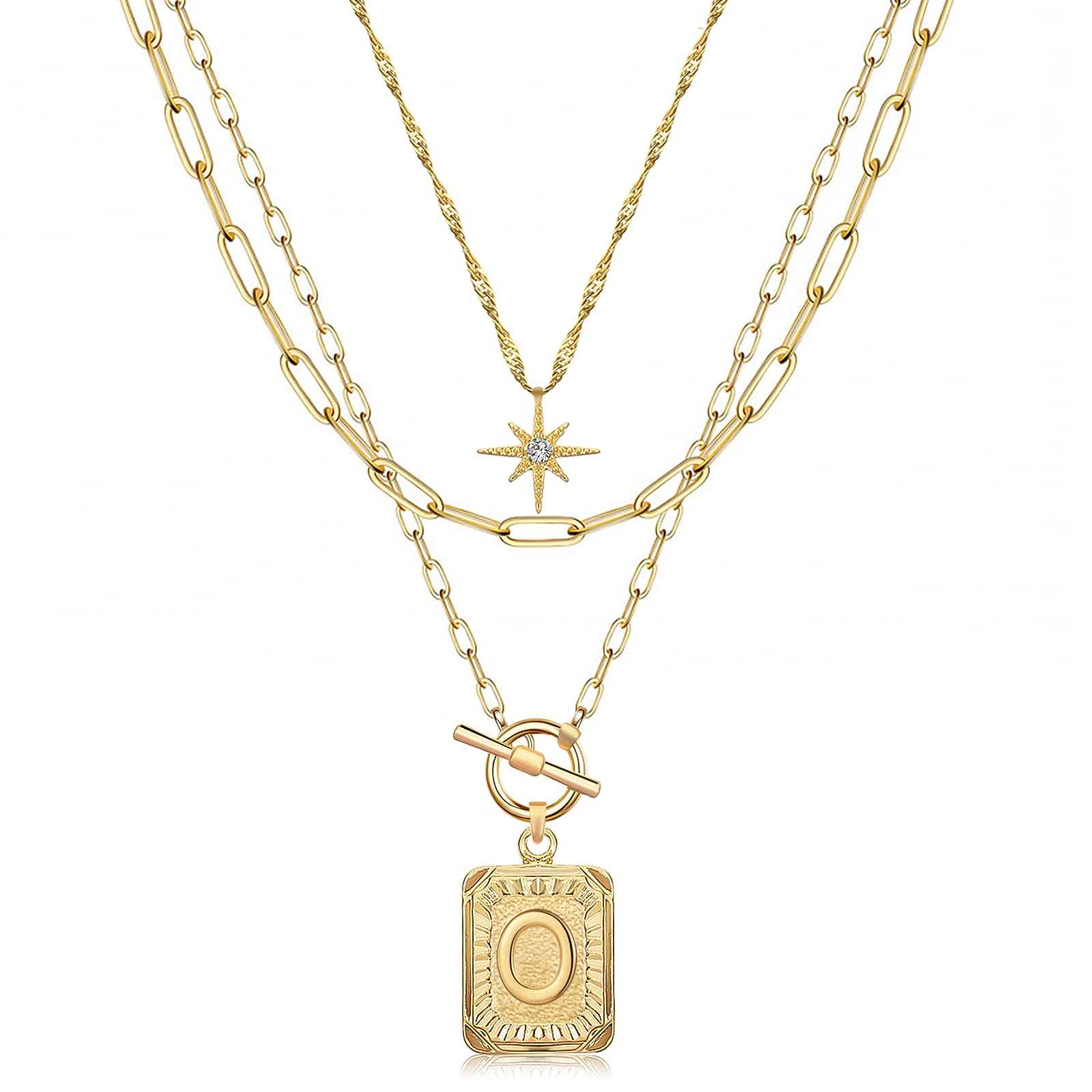 Layered Initial Necklace for Women - 14K Gold Plated Star Choker with Square Letter Pendant, Trendy Paperclip Chain Jewelry Gift for Her | Perfect for Birthday, Anniversary, Valentine's Day & Everyday Wear