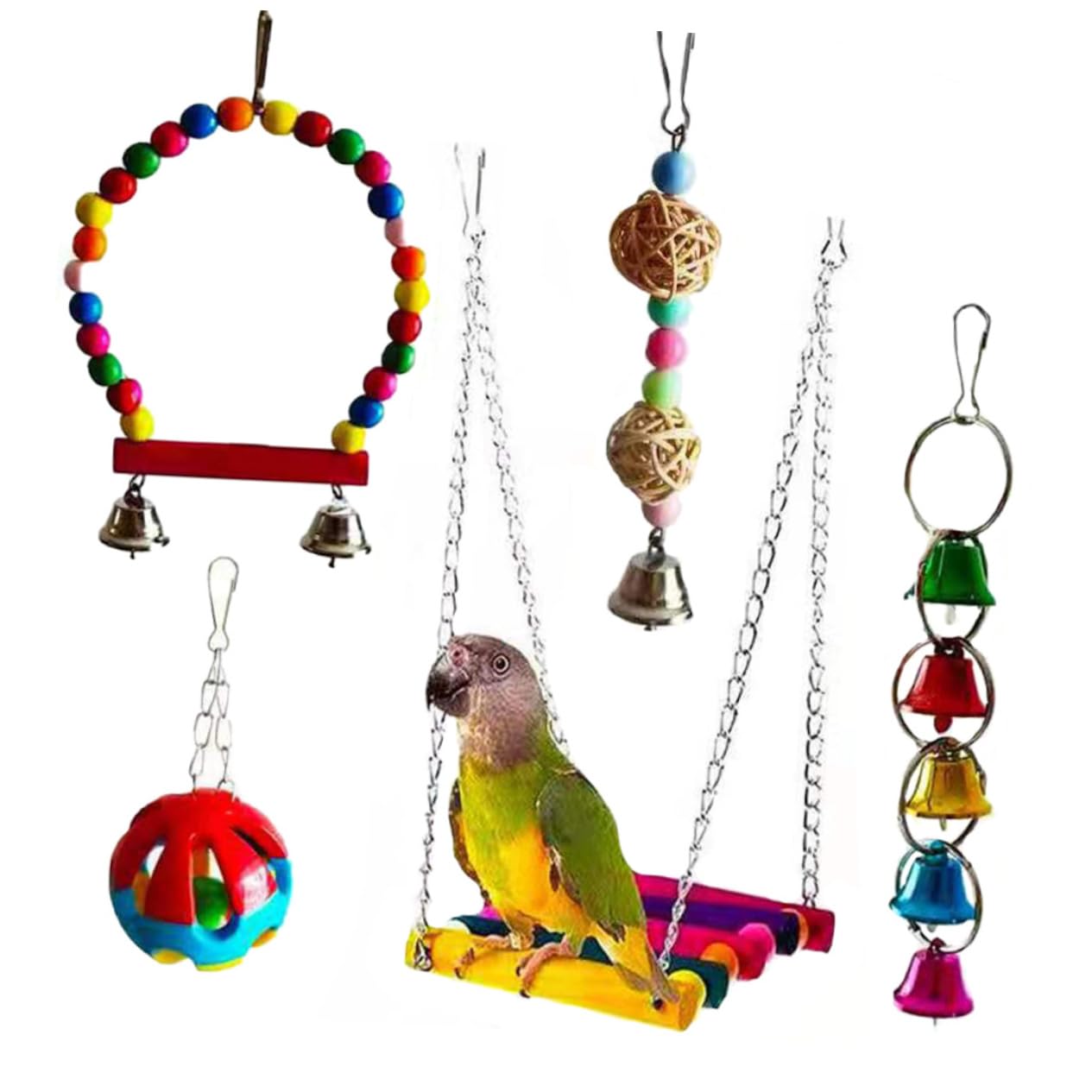 Balacoo 5PCS Set Natural Wooden Parrot Toys - Hanging Bird Chew Toys, Roller Perch & Cage Accessories for Cockatiels, Macaws, Parakeets | Durable Pet Chewing Toys for Mental Stimulation & Beak Exercise - Perfect for Bird Cages, Play Gyms & Training Sessions