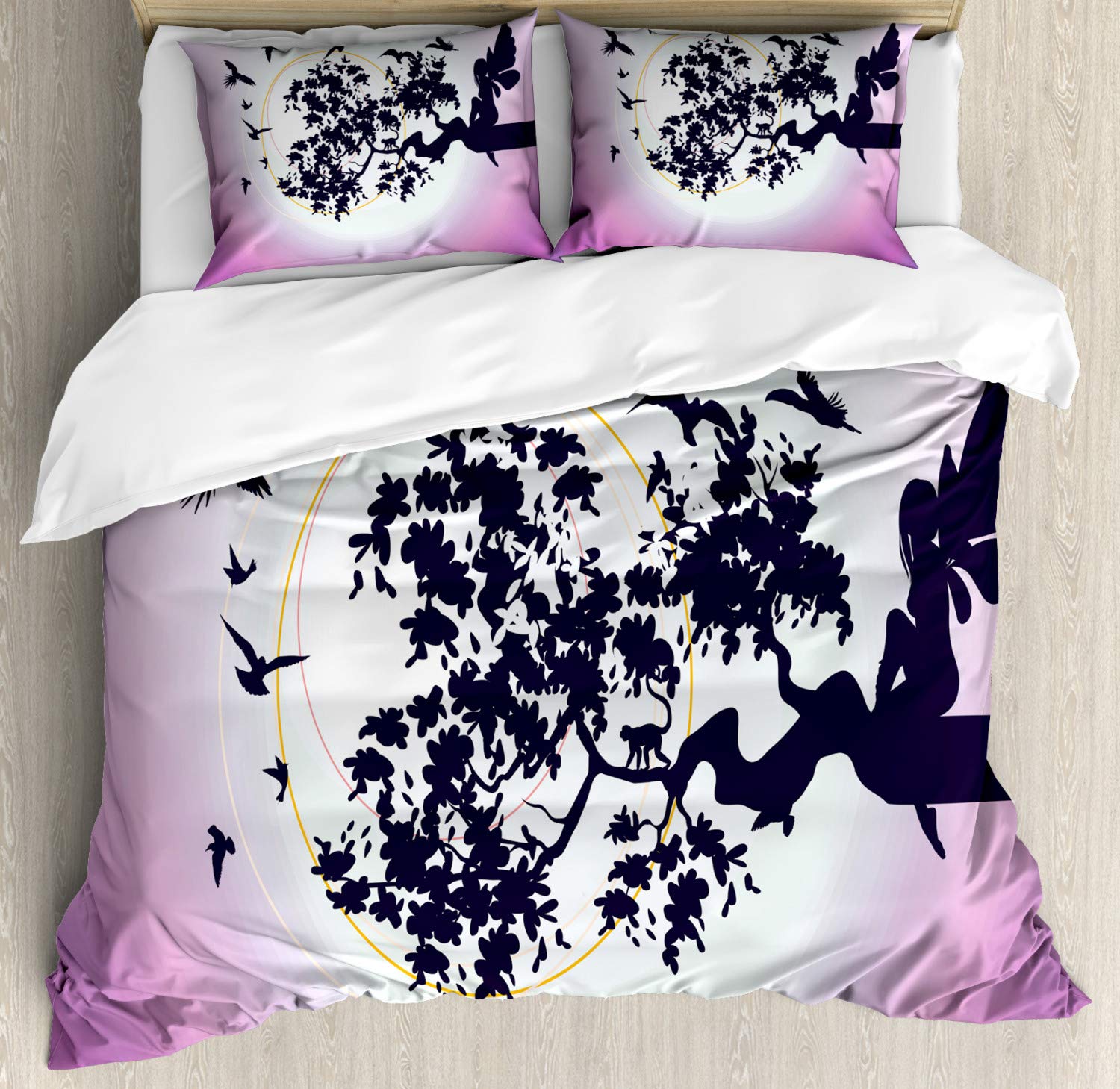 Ambesonne Anime Duvet Cover Set - Fantasy Silhouette Sitting on Tree Branch with Flying Birds, 3-Piece Bedding Set Includes Duvet Cover & 2 Pillow Shams, California King Size, Dark Purple & Fuchsia - Perfect for Anime Lovers' Bedroom Decor & Gift Idea