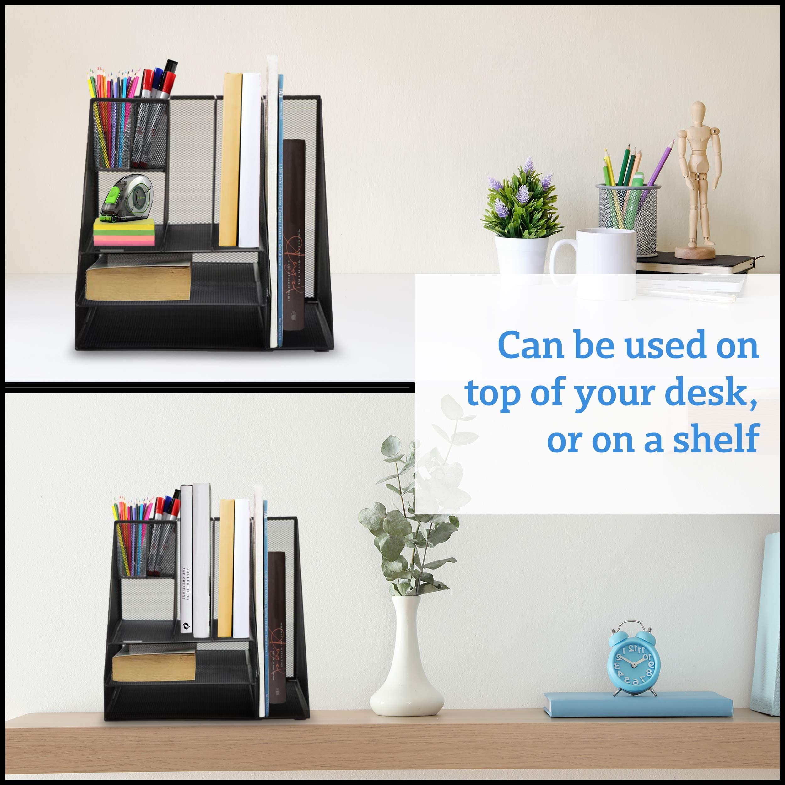 Mesh Desk Organizer with 8 Compartments - 2 Letter Trays, 4 Vertical File Holders & 2 Pen Holders - Office Supplies Organizer for Home & Office (Black) - Perfect for Decluttering Desks, Organizing Documents & Storing Stationery