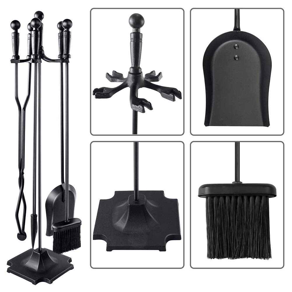 5-Piece Fireplace Tool Set with Sturdy Handles - Modern Fireplace Accessories for Indoor & Outdoor Use - Perfect for Fireplace, Chimney, Stove, Fire Pit - Ideal for Home Heating, Camping & Backyard Gatherings