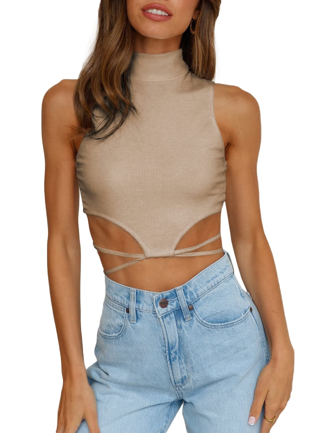 SKIKYAN Women's Ribbed Cropped Tank Top - Criss Cross Tie Back, Sleeveless High Neck Summer Top | Perfect for Yoga, Beach & Casual Outfits