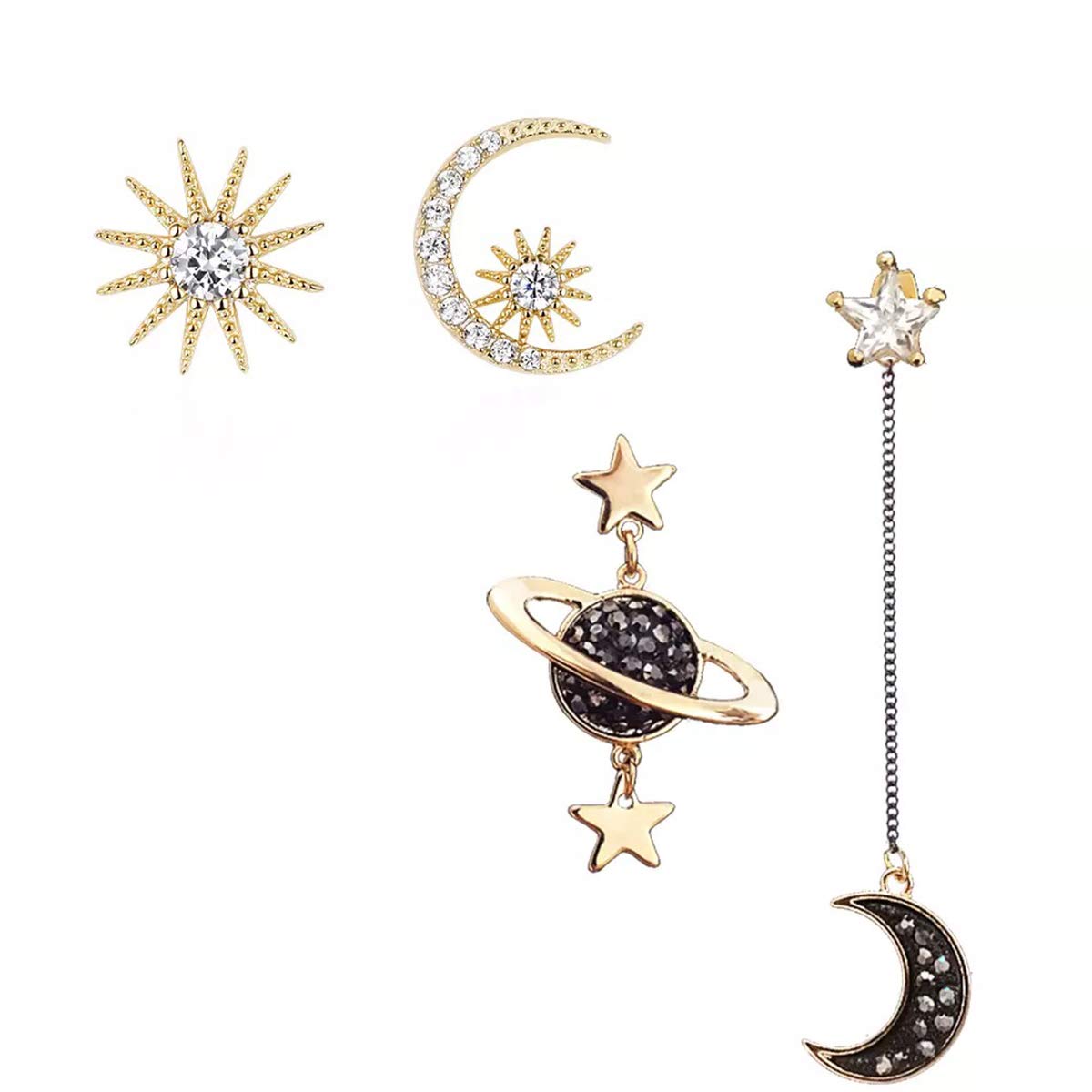 Dainty Sun and Moon Stud Earrings for Women - Asymmetrical Star Dangle Earrings with Clear Crystals - Perfect for Everyday Wear, Gift Giving & Boho Fashion
