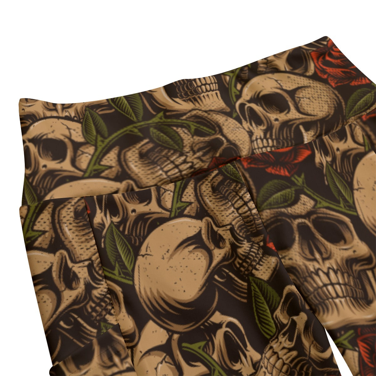 Bronze Skulls and Roses High Waist Yoga Leggings with Side Pockets - Women's Workout Tights for Gym, Running, and Casual Wear