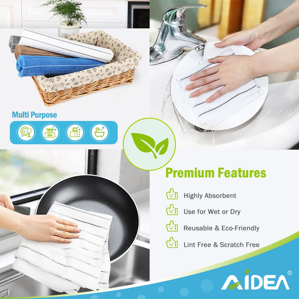 **AIDEA 8-Pack Microfiber Kitchen Towels - Super Soft, Absorbent Dish Towels for Cleaning, Drying & Polishing - 15”x25” White/Grey - Perfect for Home, Kitchen & Restaurant Use**