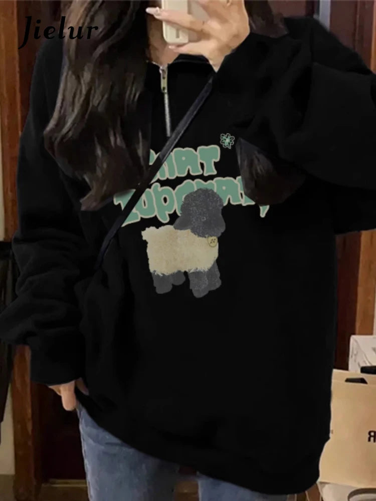 Stylish Black Printed Casual Sweatshirt for Women - Fashion Polo Neck Loose Hoodie Winter Streetwear | Perfect for Everyday Wear, Outings & Cold Weather Fashion