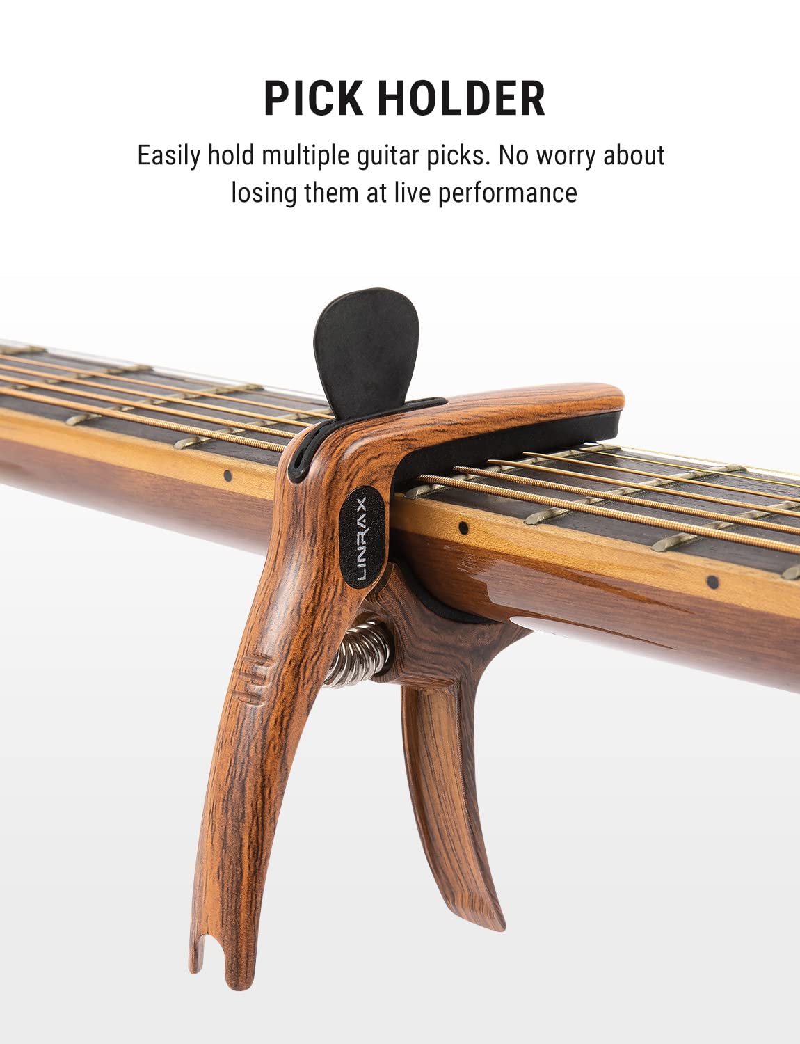 Premium C1 Guitar Capo - 3-in-1 Zinc Alloy Capo with Pick Holder & Bridge Pin Puller for Acoustic, Electric Guitar, Bass, Ukulele, Banjo, Mandolin | Professional Wood Grain Guitar Accessories for Live Performances & Studio Recording