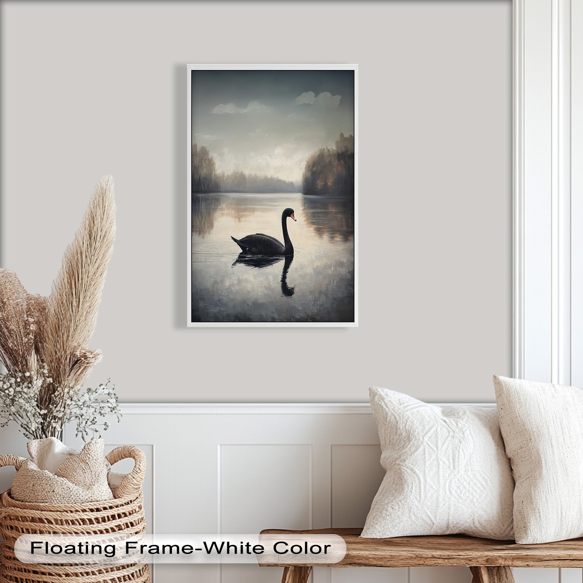 Black Swan at Dusk - Hand Painted Lake Landscape Oil Canvas Artwork - Perfect for Living Room, Bedroom, or Office Wall Decor