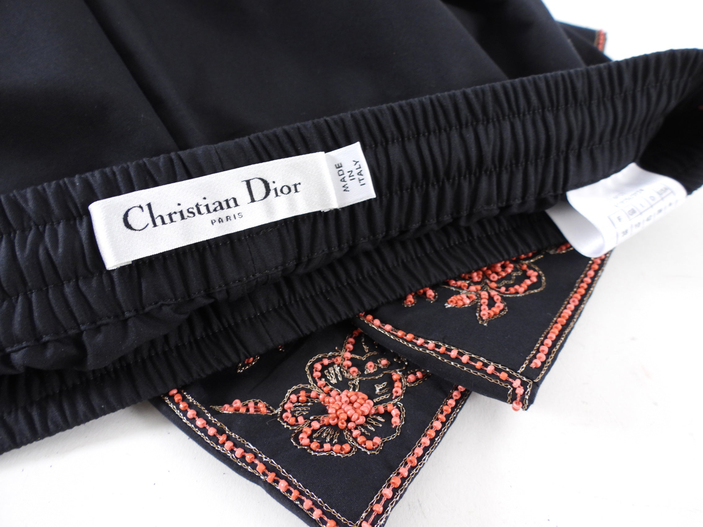 Christian Dior Black Cotton Coral Bead Embroidered Wide Leg Pants for Women - Size S/M - Elegant Lounge & Evening Wear for Special Occasions
