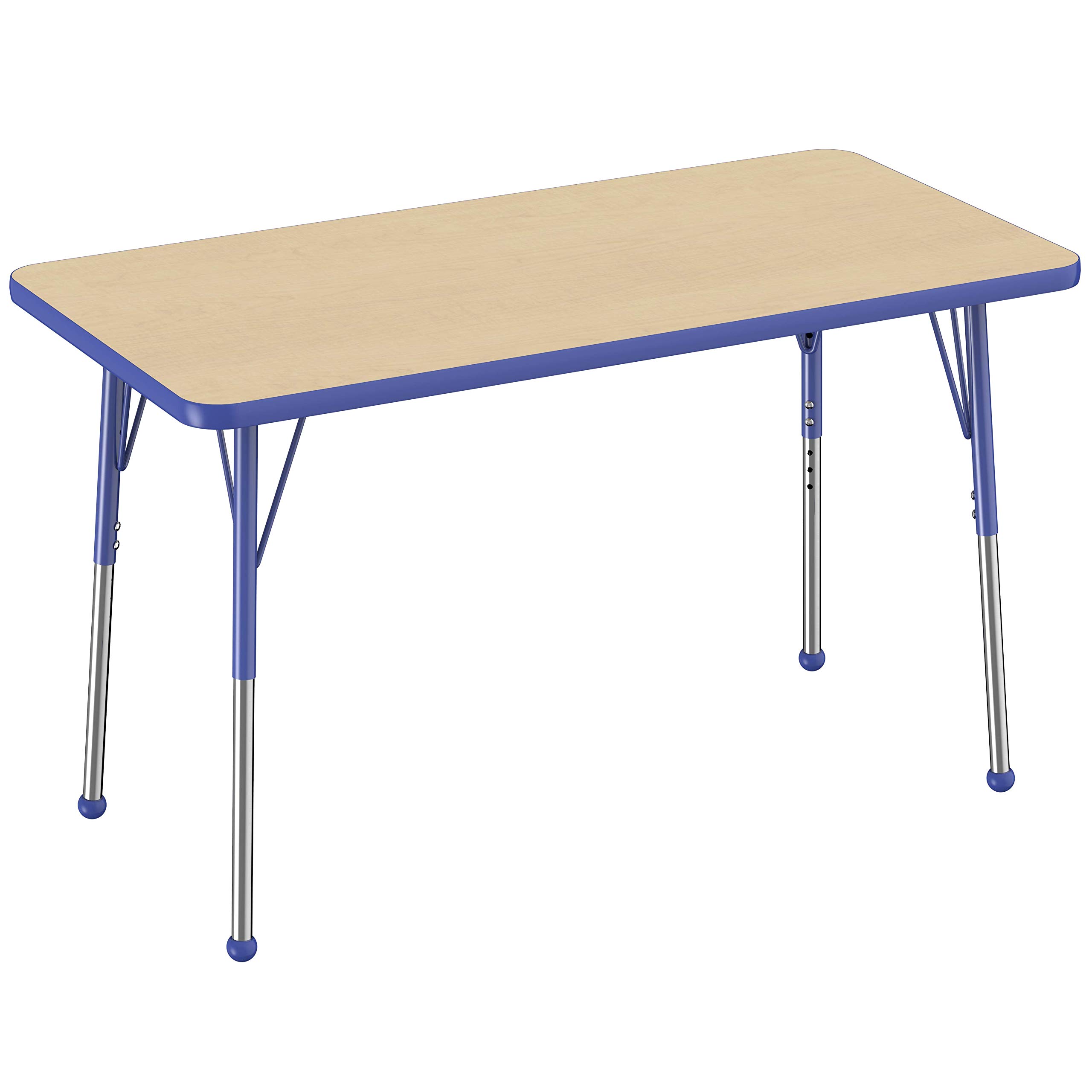 FDP Adjustable Height Rectangle Activity Table 24x48 Inch - Maple Top with Blue Edge, School & Office Desk for Classrooms, Meetings & Home Offices - Standard Legs with Ball Glides (19-30 Inch Height Range)
