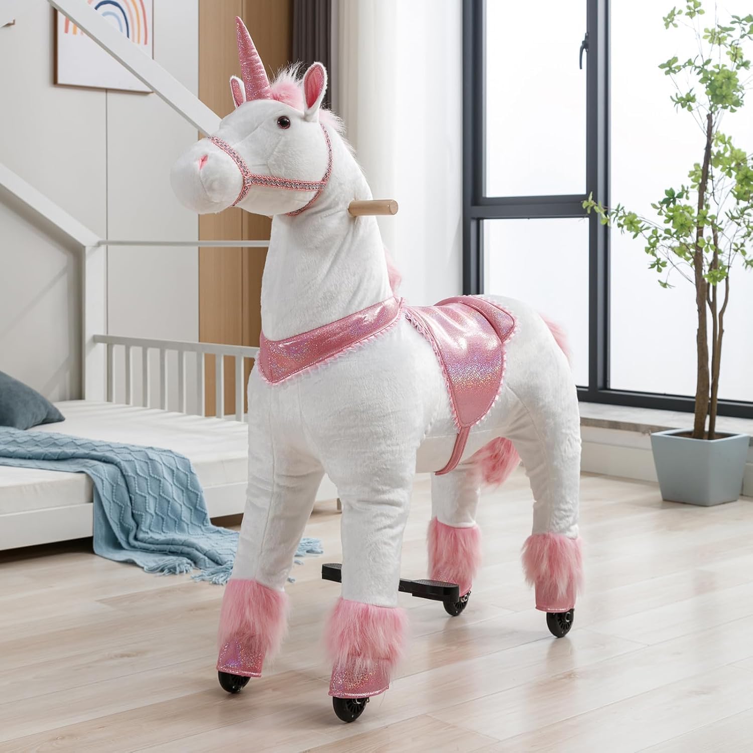 **Pink Unicorn Ride-On Toy for Girls & Adults - Mechanical Walking Plush Pony, No Battery Needed, Max Weight 187 lbs - Perfect for Indoor Play, Birthday Gifts & Fantasy Adventures**