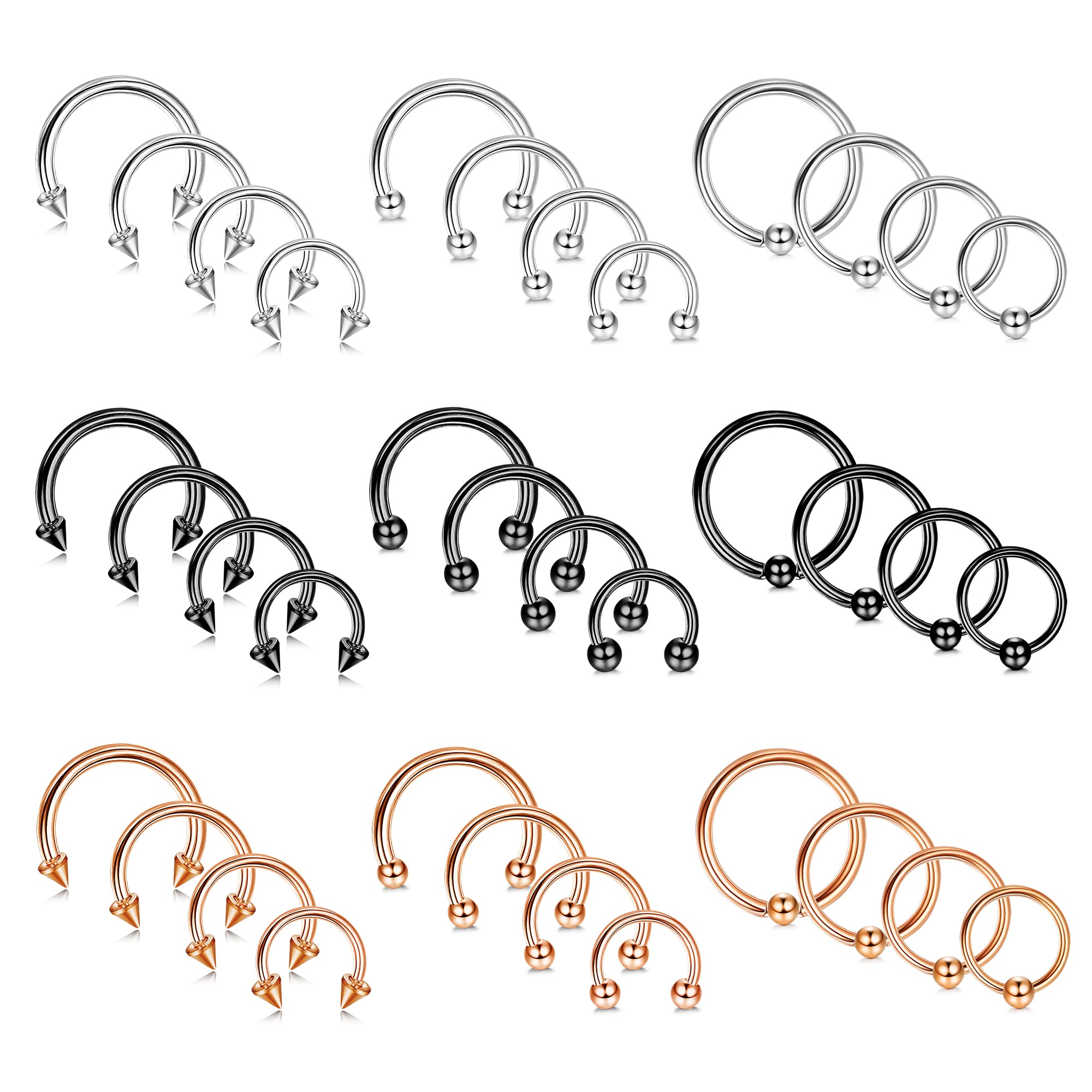 36Pcs 16G Surgical Steel Horseshoe Rings - 6-12mm Hoop Nose Rings, Septum Rings, Eyebrow & Lip Rings for Women & Men - Perfect for Daith, Helix, Tragus Piercing Jewelry - Ideal for Everyday Wear, Parties & Self-Expression