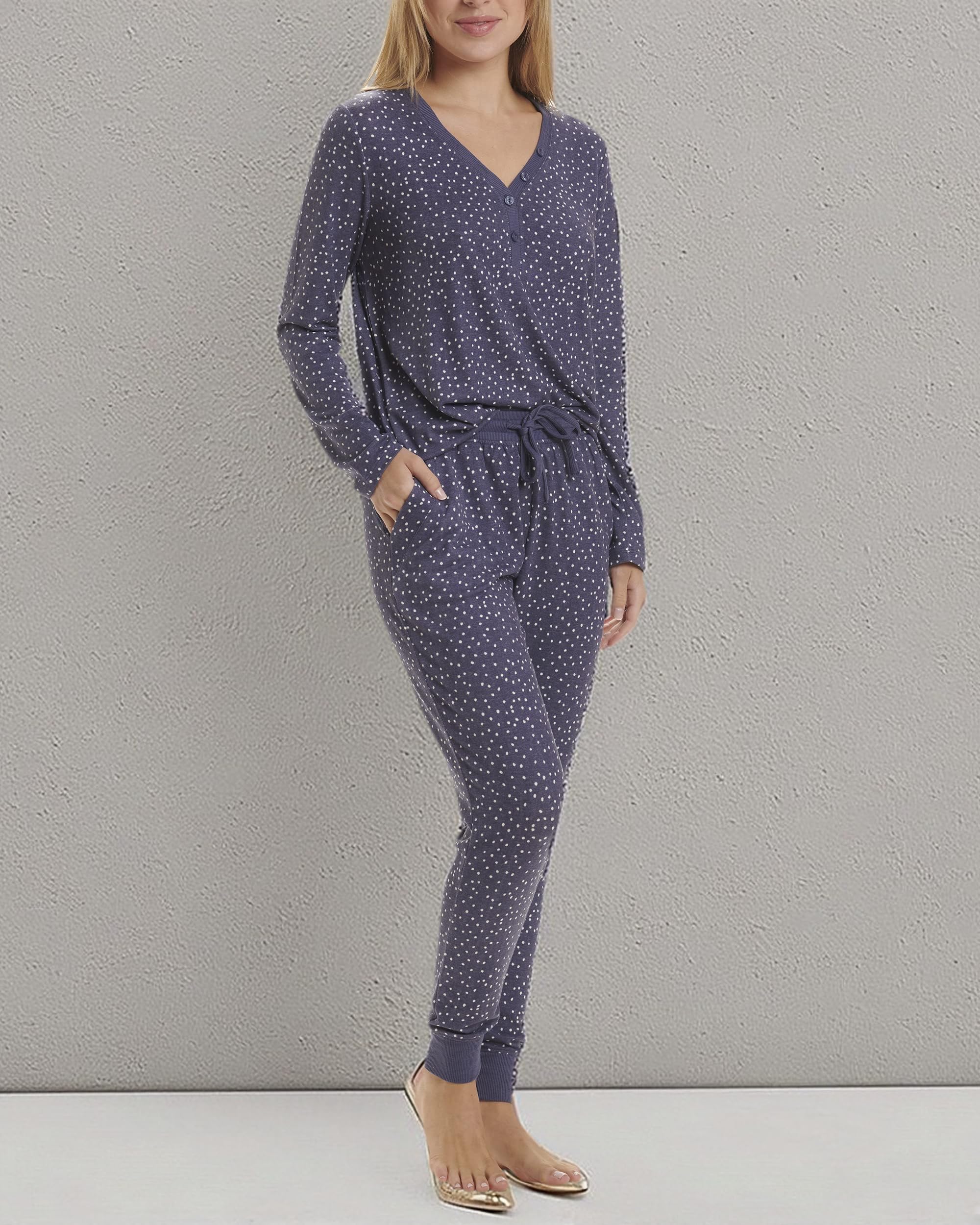 Karen Neuburger Women's Soft Cotton Henley Long Sleeve Top & Comfy Pajama Pants Set - Cozy Sleepwear for Relaxing at Home or Lounging