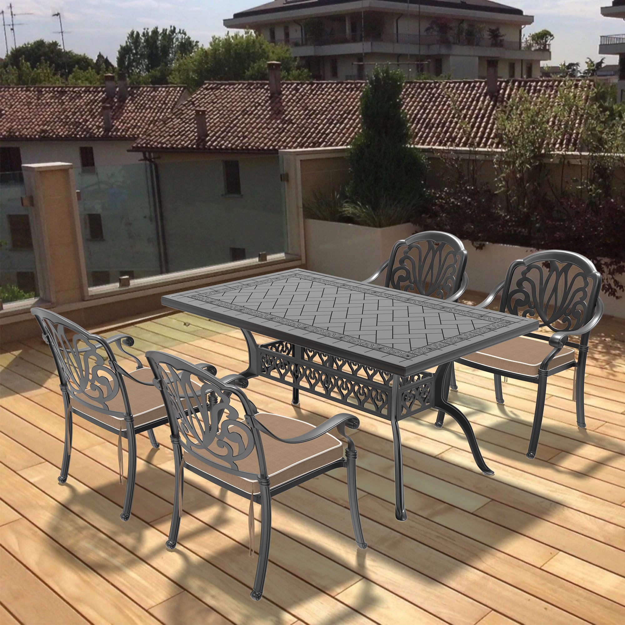 5-Piece Cast Aluminum Patio Furniture Set with Cushions - Outdoor Dining & Lounge Chairs for Garden, Poolside, or Backyard Relaxation
