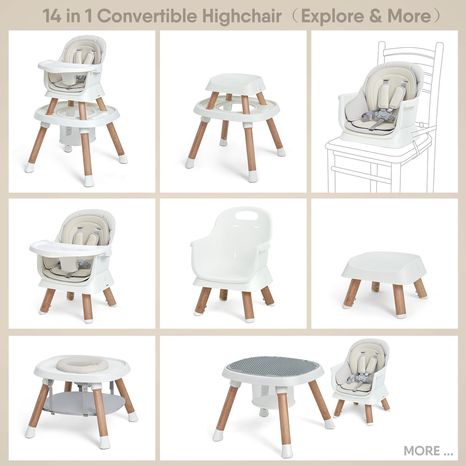 14-in-1 Convertible Baby High Chair with Tray & Activity Center - Wood Grain Toddler Booster Seat for Dining, Feeding & Playtime at Home