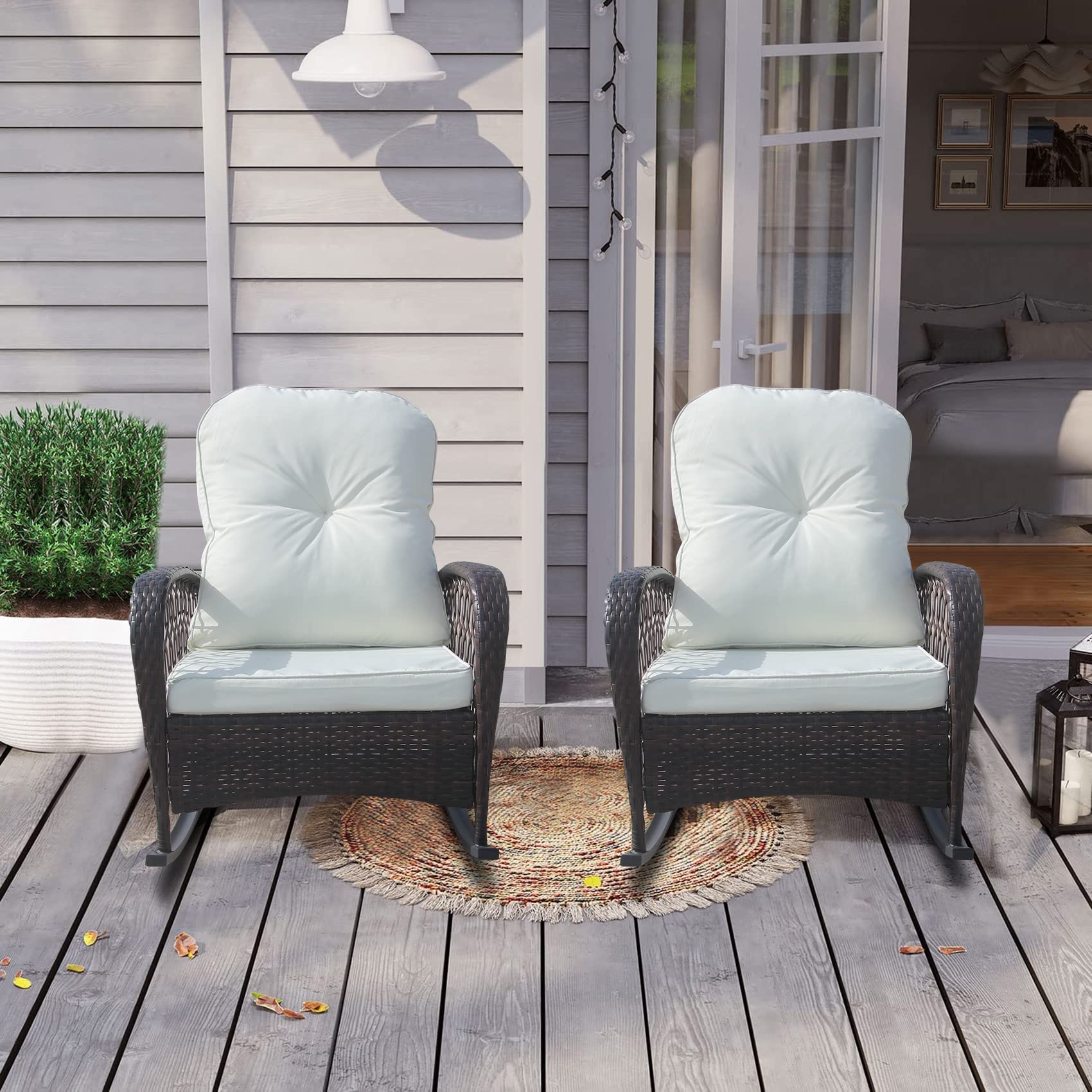 2 Pack PE Rattan Rocking Chairs with White Cushions - Modern Wicker Patio Furniture Set for Outdoor & Indoor Use - Comfortable Garden Rocker for Porch, Deck, Poolside & Living Room Relaxation