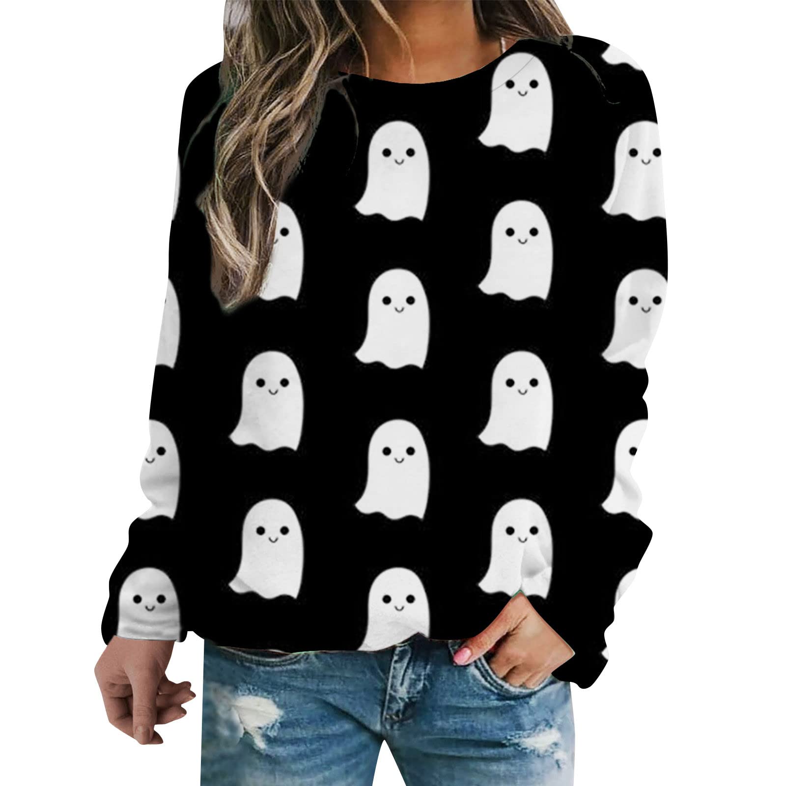 Extra Warm Women's Sweatshirt - Cozy Casual Pullover with Halloween Print, Round Neck Shirt & Leggings Set | Perfect for Fall, Winter, Halloween Parties & Lounge Wear
