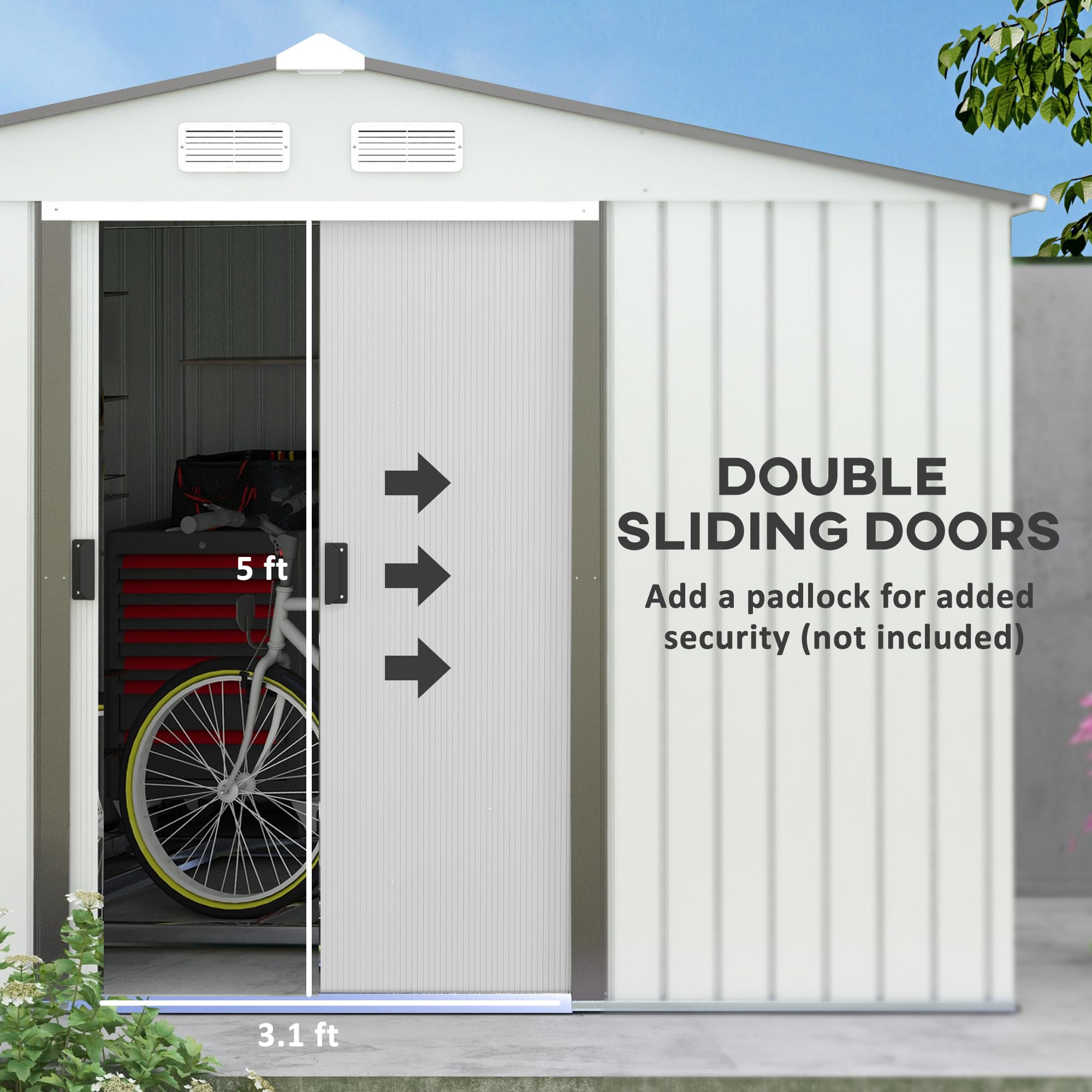 Outsunny 9' x 6' Outdoor Metal Storage Shed with Foundation Kit - Double Lockable Doors, Air Vents & Sloping Roof - Durable Garden Tool Shed for Backyard, Patio, Lawn (Silver) - Perfect for Storing Lawn Mowers, Bikes & Seasonal Items