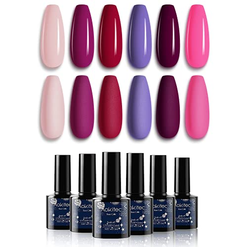 Aokitec 6-Color Soak Off Gel Nail Polish Kit - 7.5ml Nude, Blue, Purple, Red, Pink & Natural Skin Tone Gel Polish Set for DIY Manicure | Perfect Home Salon Kit, Women's Gift & Christmas Present | Great for Nail Art, Parties, Weddings & Special Occasions